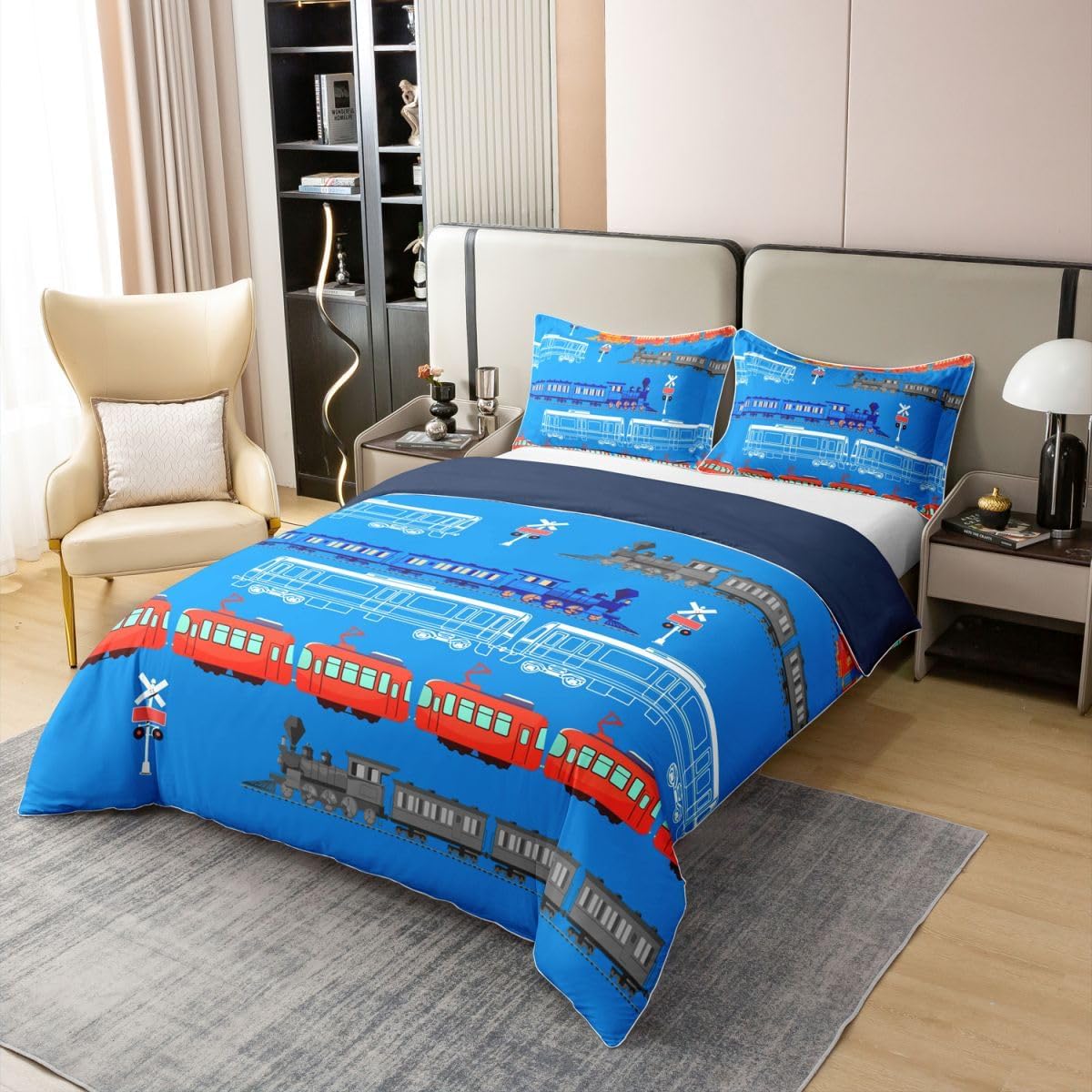 jejeloiu Cartoon Car Duvet Cover 100% Cotton Full Size Vintage Car Comforter Cover Set Train Bedding Cotton Duvet Cover Set for Bedroom Retro Steam Train Blue Light Sign Bedspread Cover