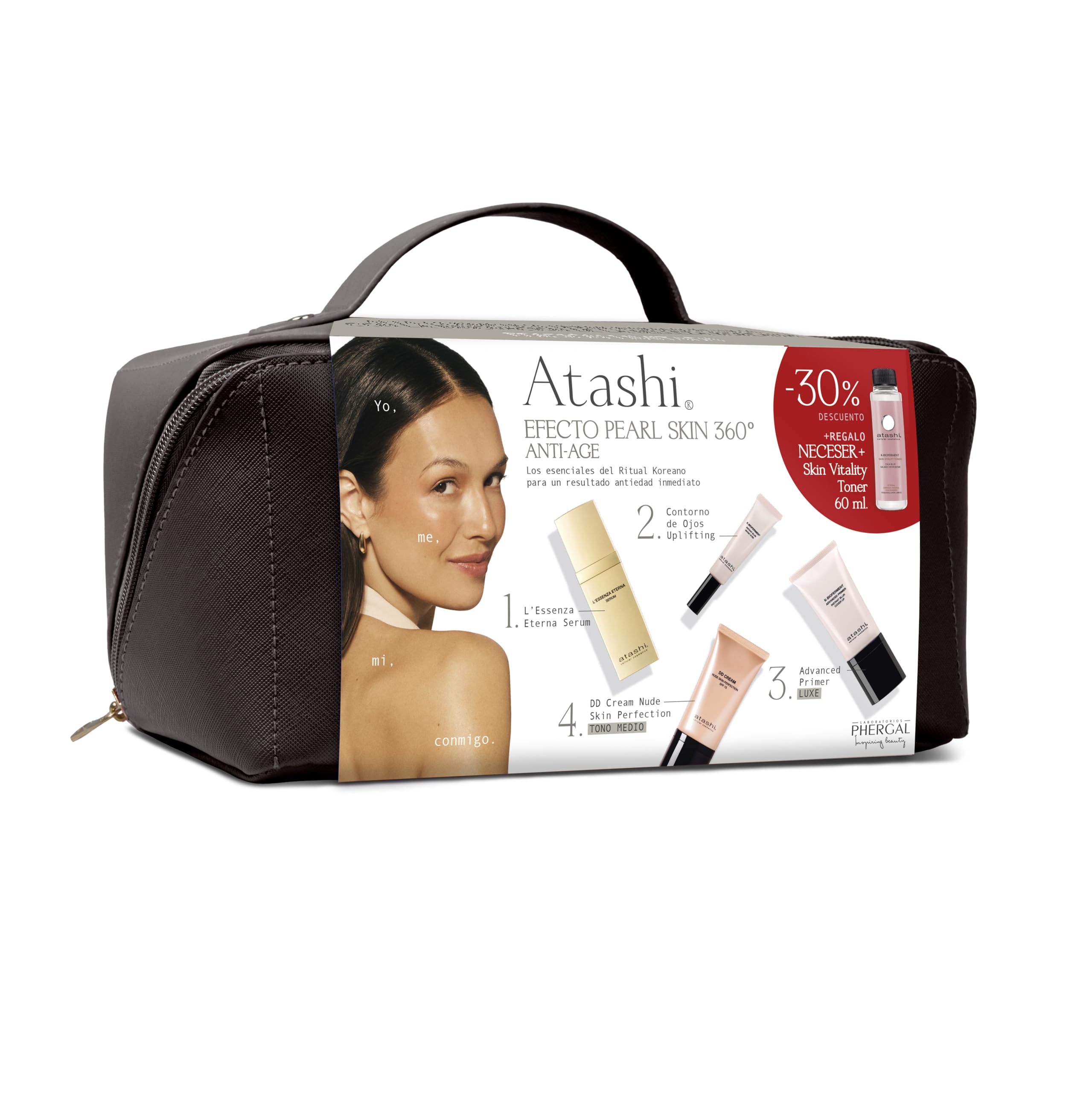 Atashi | Rituale Effetto Pearl Skin 360 Anti-Age | Siero L’Essenza Eterna + Contorno Occhi Uplifting + Advanced Primer Luxe + DD Cream SPF15 + | Regalo Beauty Case Premium e Tonico Viso Skin Vitality