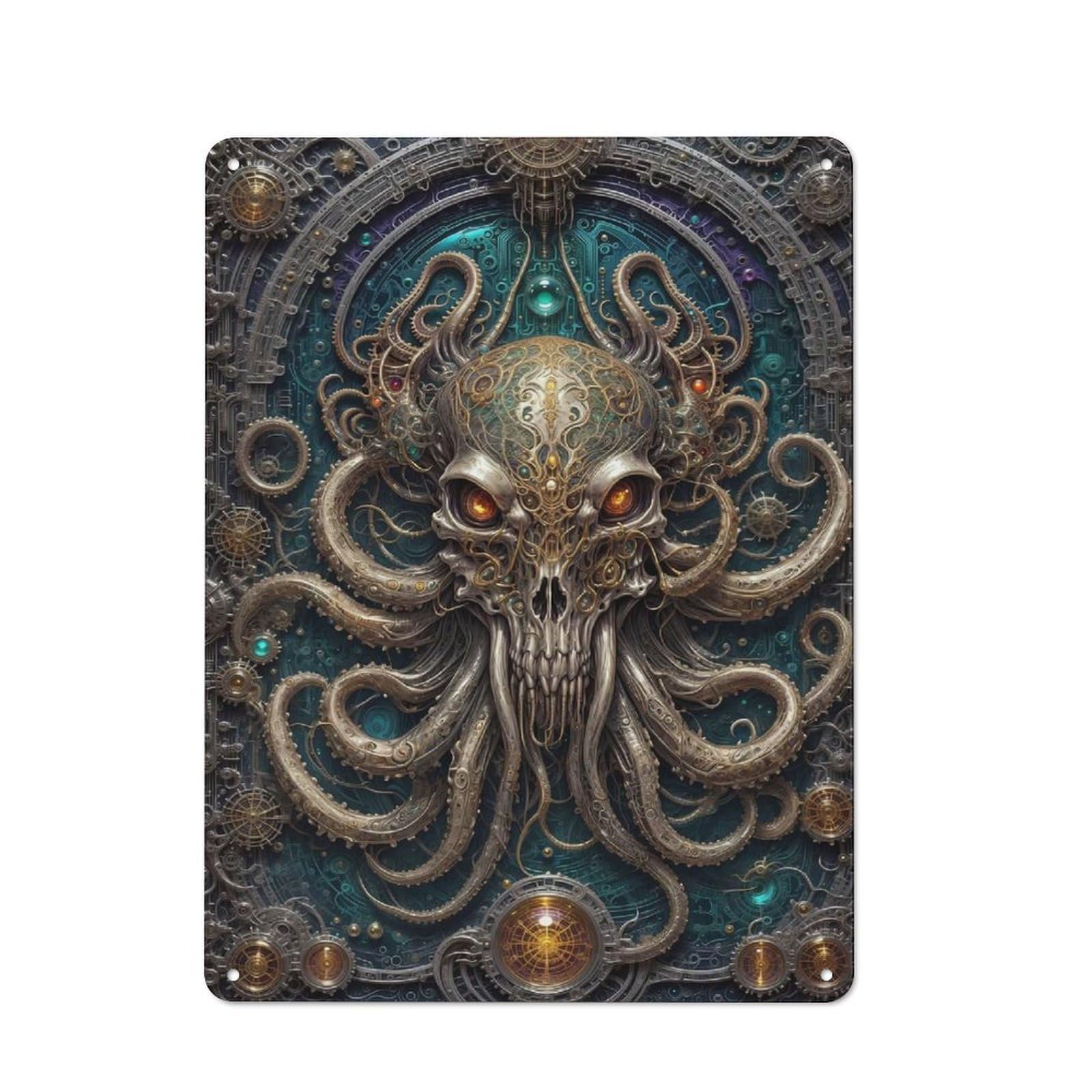 Junmoney Style-14 Vintage Metal Sign 40X30cm Featuring Cybernetic Kraken Skull, Home Bar Decor For Cafe, Pub, Workshop Or Home Bar