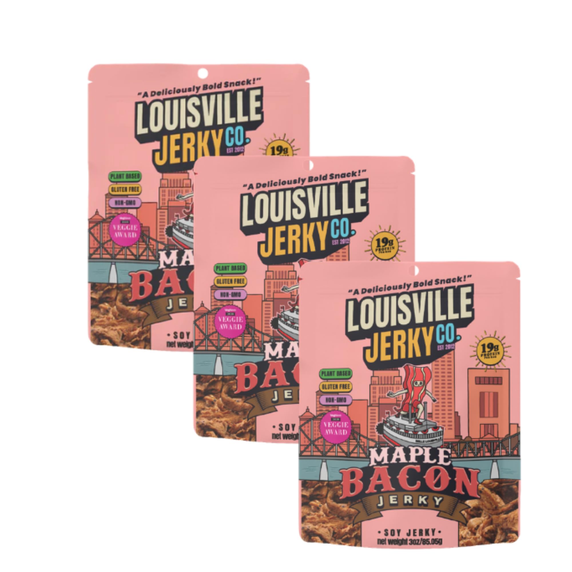 Louisville Jerky Co. Vegan Jerky Plant-Based Maple Bacon Flavor, High Protein Snack (3 Ounce, 3-Pack) – Sweet & Smoky Chewy Texture, Gluten-Free