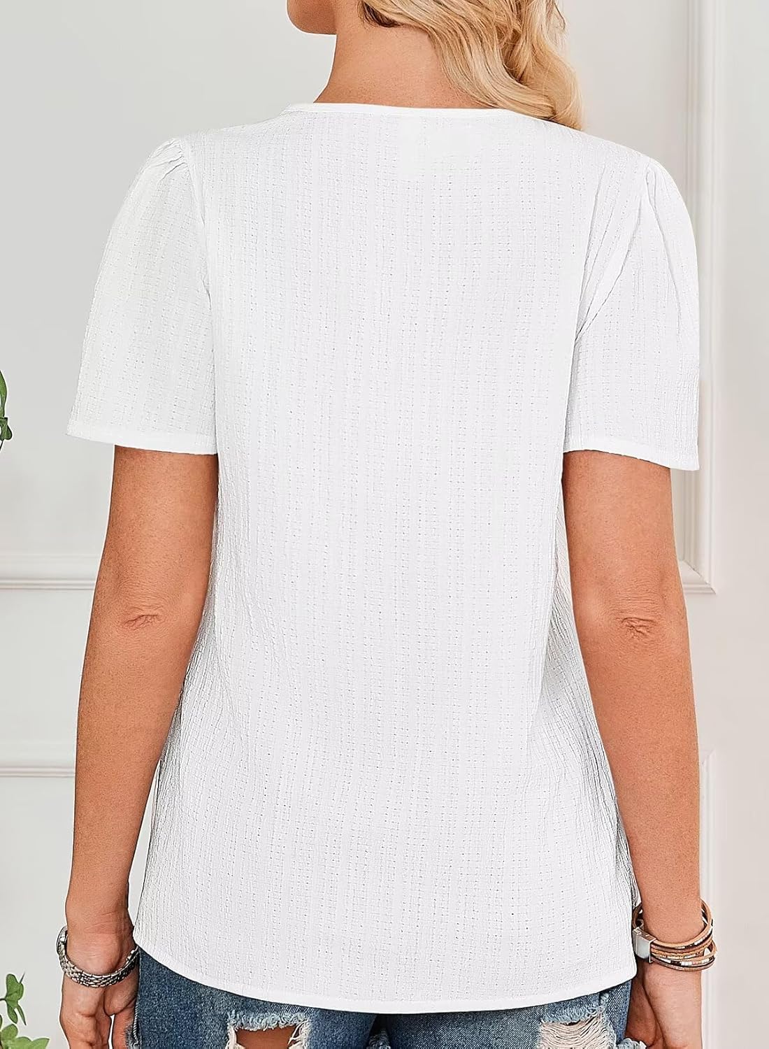 Womens Tops 2025 Boho Blouses Short Sleeve Flowy Square Neck Casual Peasant Summer Floral Lace Hem Textured Shirts - Image 3