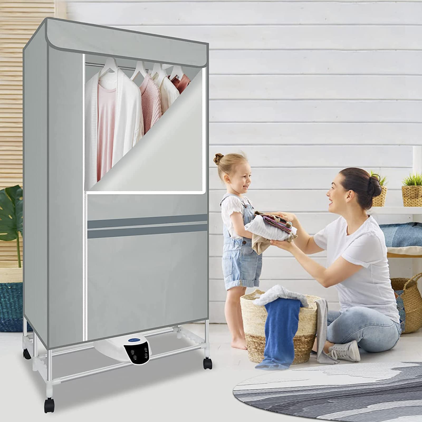 Asciugabiancheria Elettrica con Timer e Telecomando, Stendi Biancheria Elettrico Armadio 1300W a 3 Livelli con Coperchio, Stendibiancheria Elettrico di Grande capacità per Interni,Grigio
