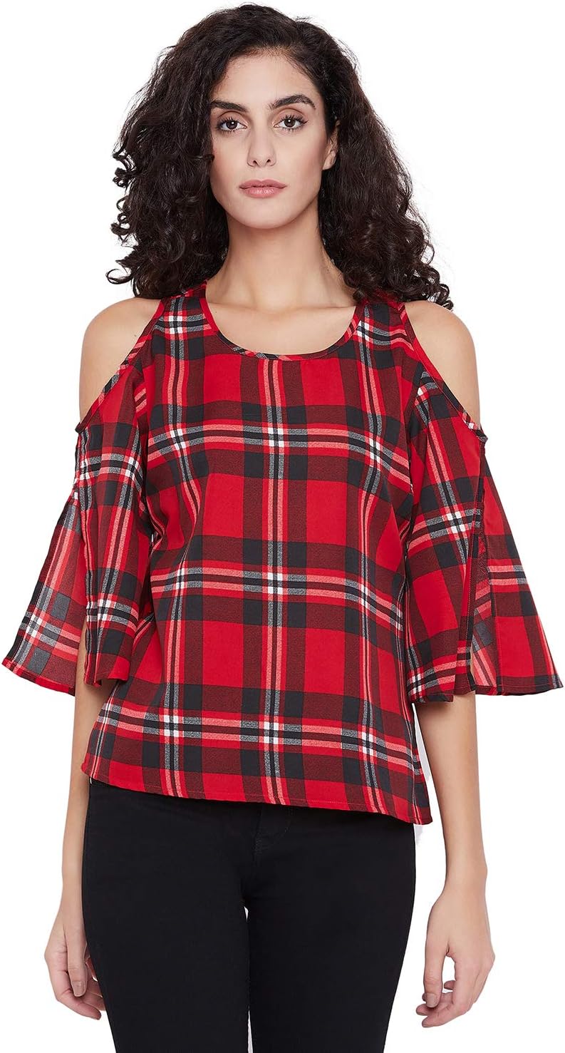 Stylesland Women's Red & Black Cold Shoulder Top