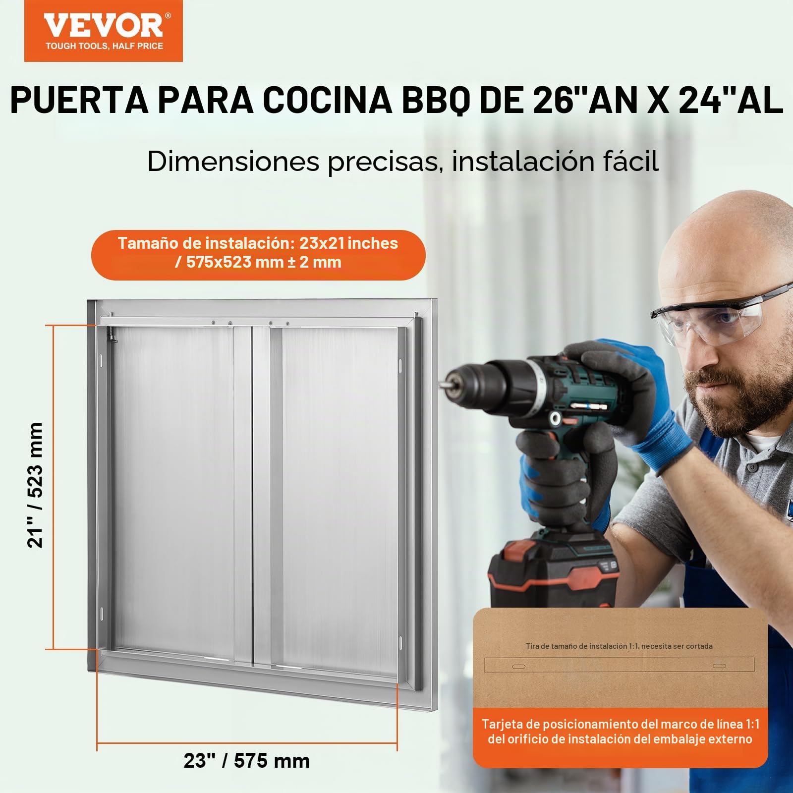 VEVOR Acceso a Barbacoa 660 x 610 x 45 mm, Cocina Exterior Doble Puerta Empotrada de Acero Inoxidable Con Manija para Isla de Barbacoa, Estación de Parrilla, Armario Exterior