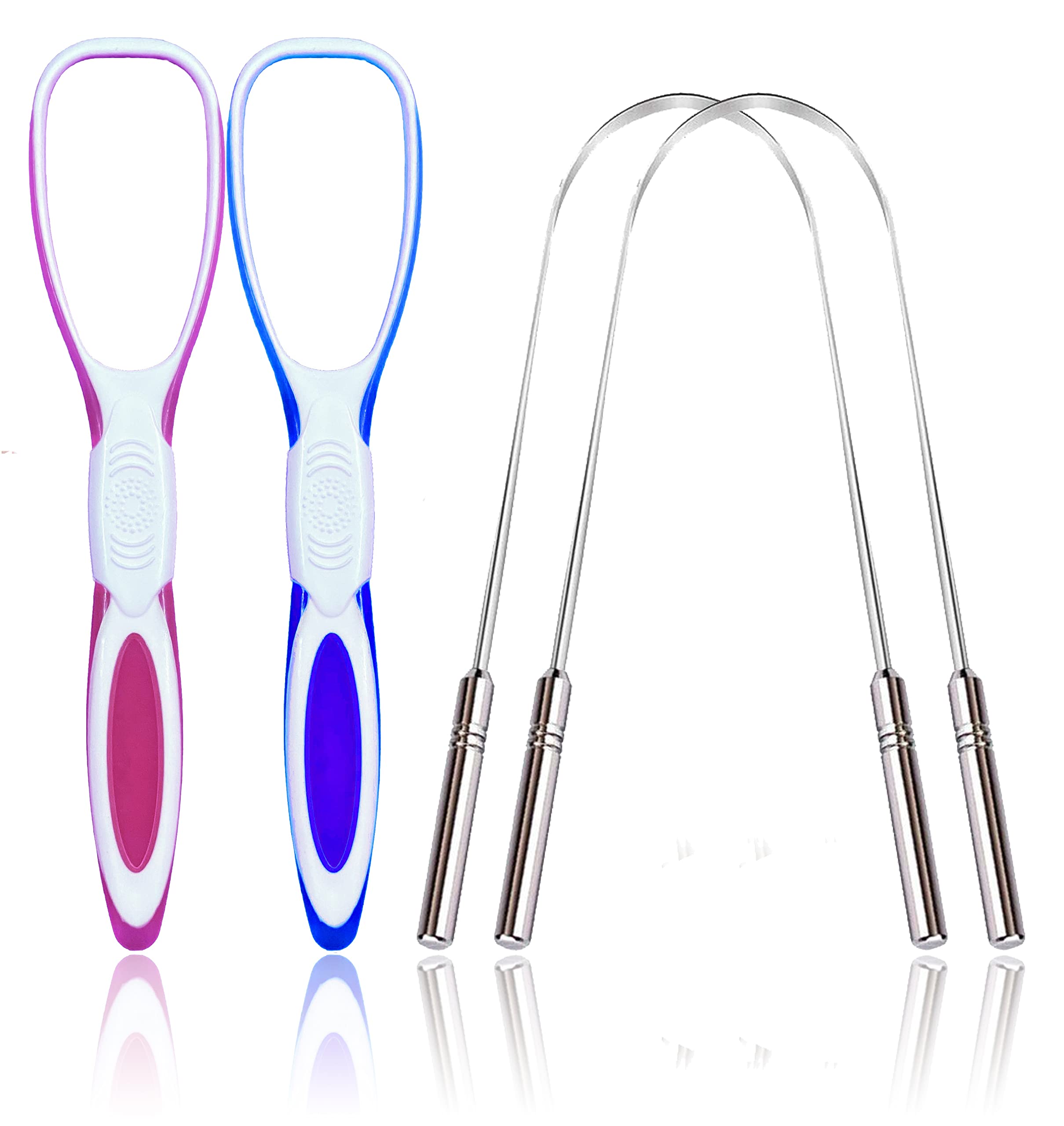 Style Keepers Pack of 4 Tongue Cleaner Brush Scrapper For Adults and Kids Fresh Breath & Bacteria Removal Premium Design Optimal For Oral Care Tool Hygiene (2 Plastic and 2 Stainless Steel) - Combo