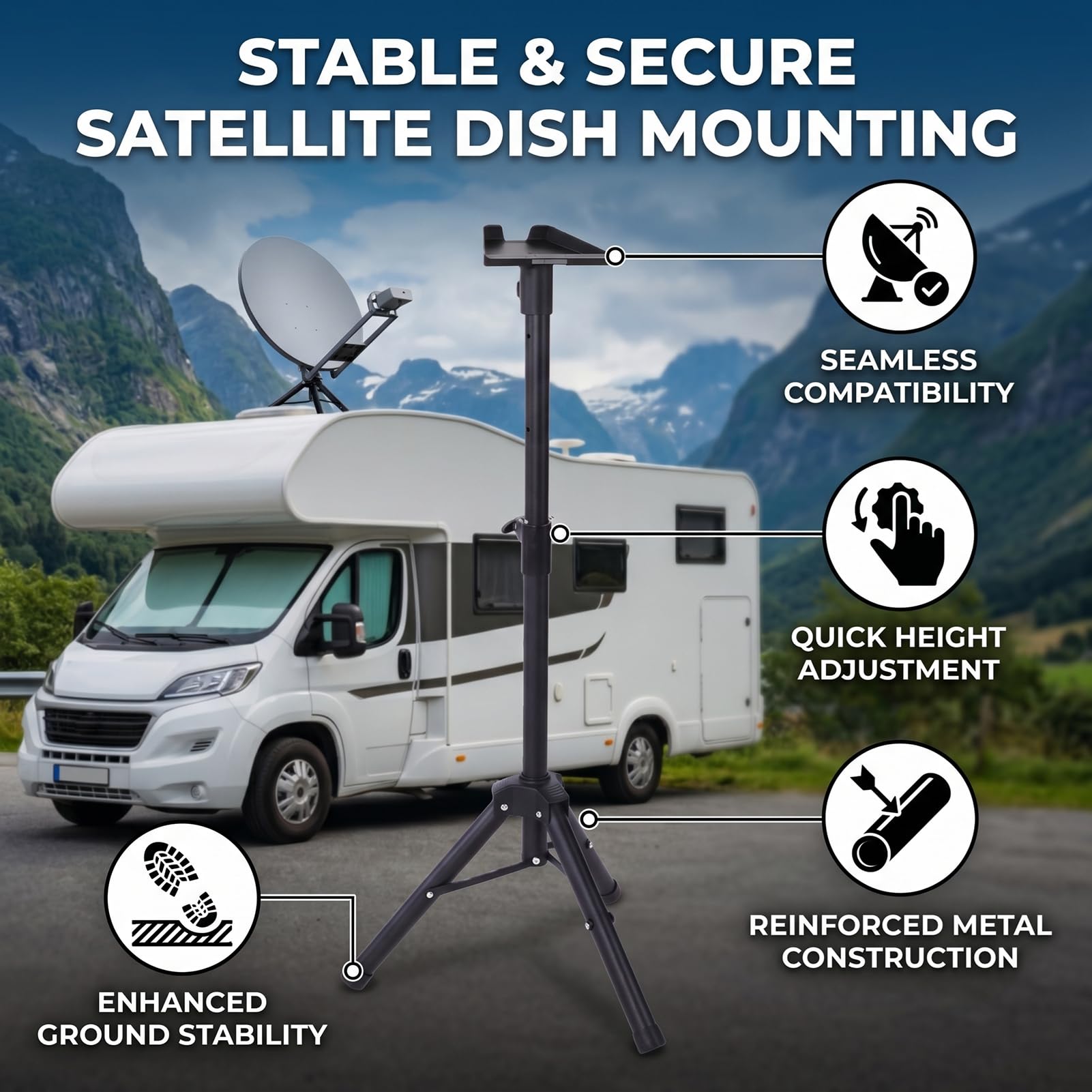 Diyeeni Trépied pour Antenne Parabolique Gen 3, Réglable en Hauteur, 47,2 Pouces, Robuste, Coupe-vent avec Bouton de Verrouillage Rapide pour Camping en Plein Air, Camping-car, Bateau