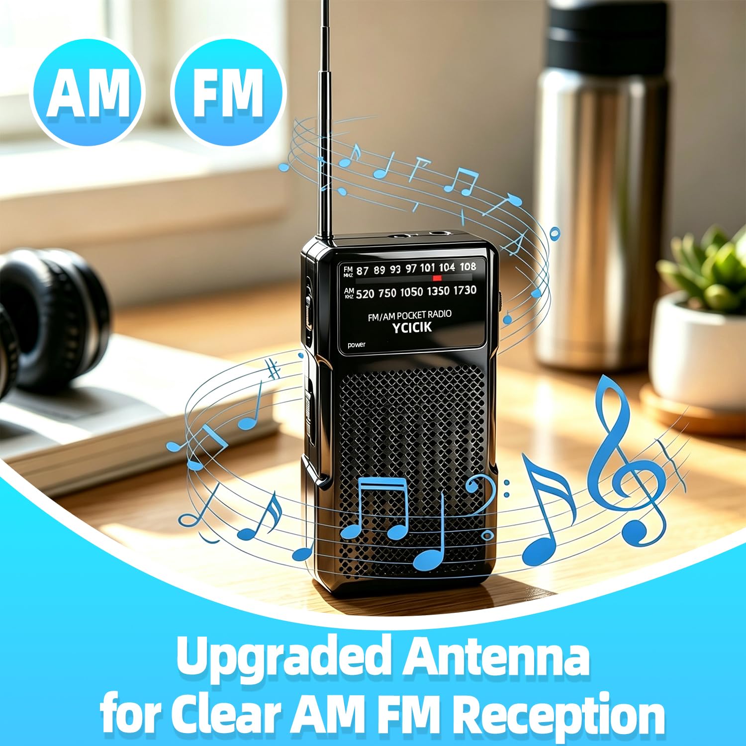 Radio AM FM portátil, funciona con pilas, color negro