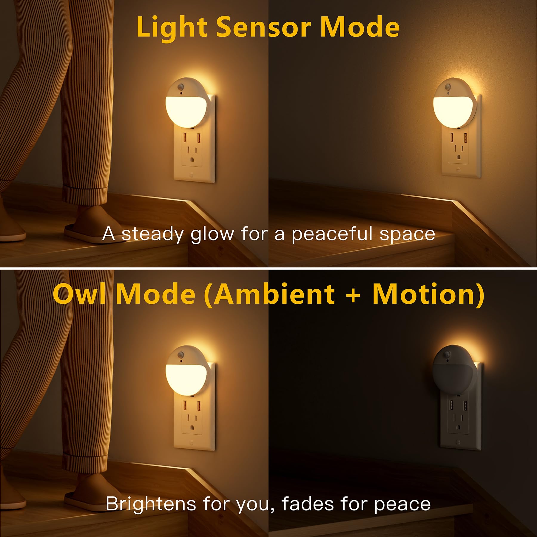YUNLEX 2 Pack Plug in Night Light with Motion Sensor and Dusk to Dawn Sensor Stepless Dimming Warm — view 3