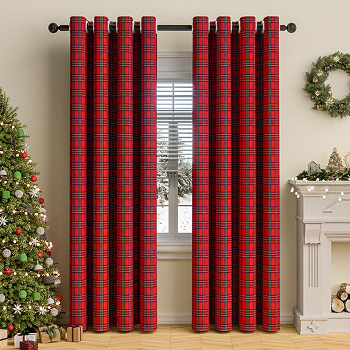 Tokusyou Kariert Gardinen Blickdicht Vorhang Karo Muster Landhausstil Vintage Rot Verdunklungsvorhänge mit Ösen Weihnachten Dekoschal für Wohnzimmer Schlafzimmer, 1 Stück H244 X B132cm