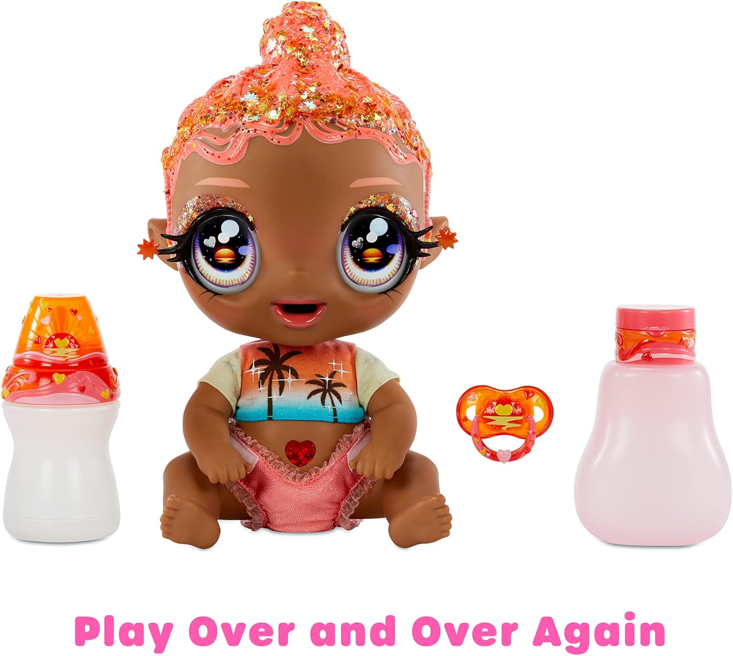 MGA's Glitter Baby Doll with Color Changes, Pink Hair, Sunset Outfit, Bottle - Gift for Kids Ages 3-5+