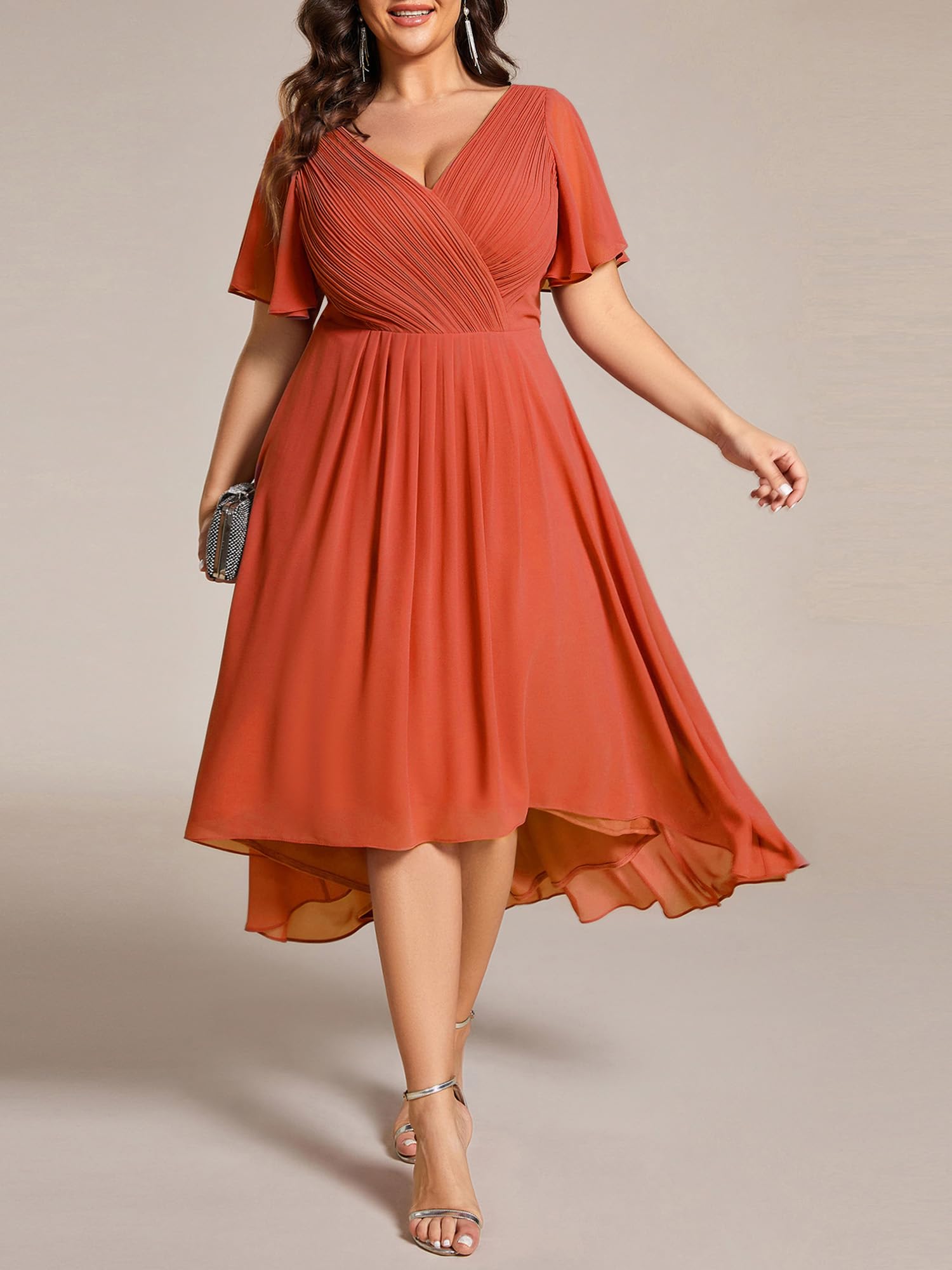 Ever-Pretty Donna Una Linea Increspato Scollo A V Maniche Corte Al Ginocchio Plus Size Abiti da sposa per le donne Curvy 01923-DA, Arancione bruciato., 50