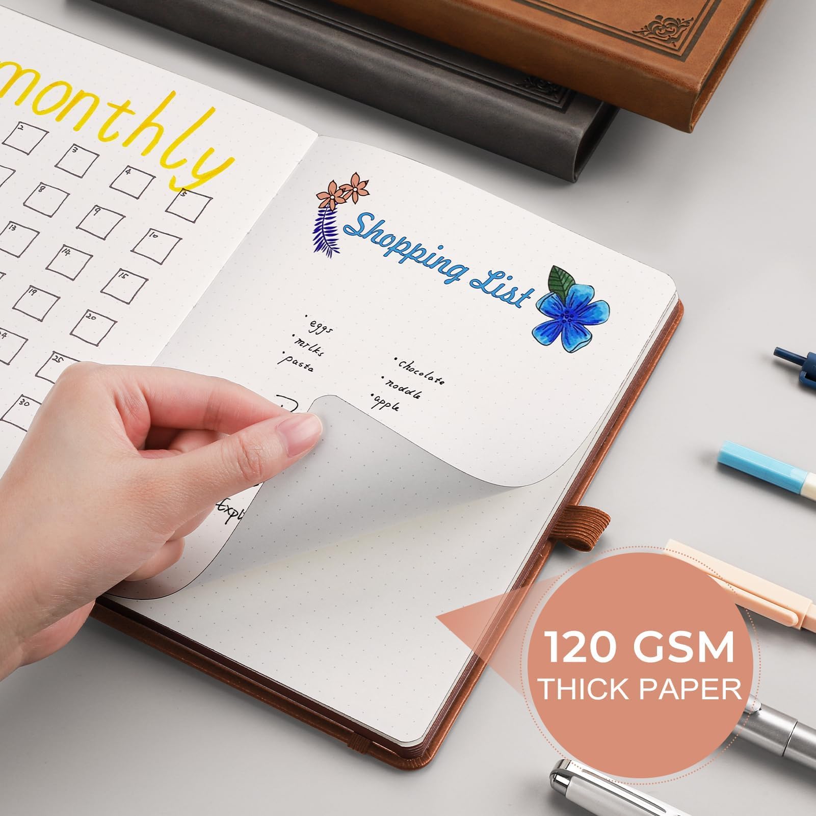 RETTACY Notatnik A5 w kropki, skórzana twarda okładka – 320 stron Bullet Dot Grid Journal, papier 100 g/m², bez przebijania, wewnętrzna kieszeń na bullet journaling/szkice, 14,5 x 21 cm, brązowy