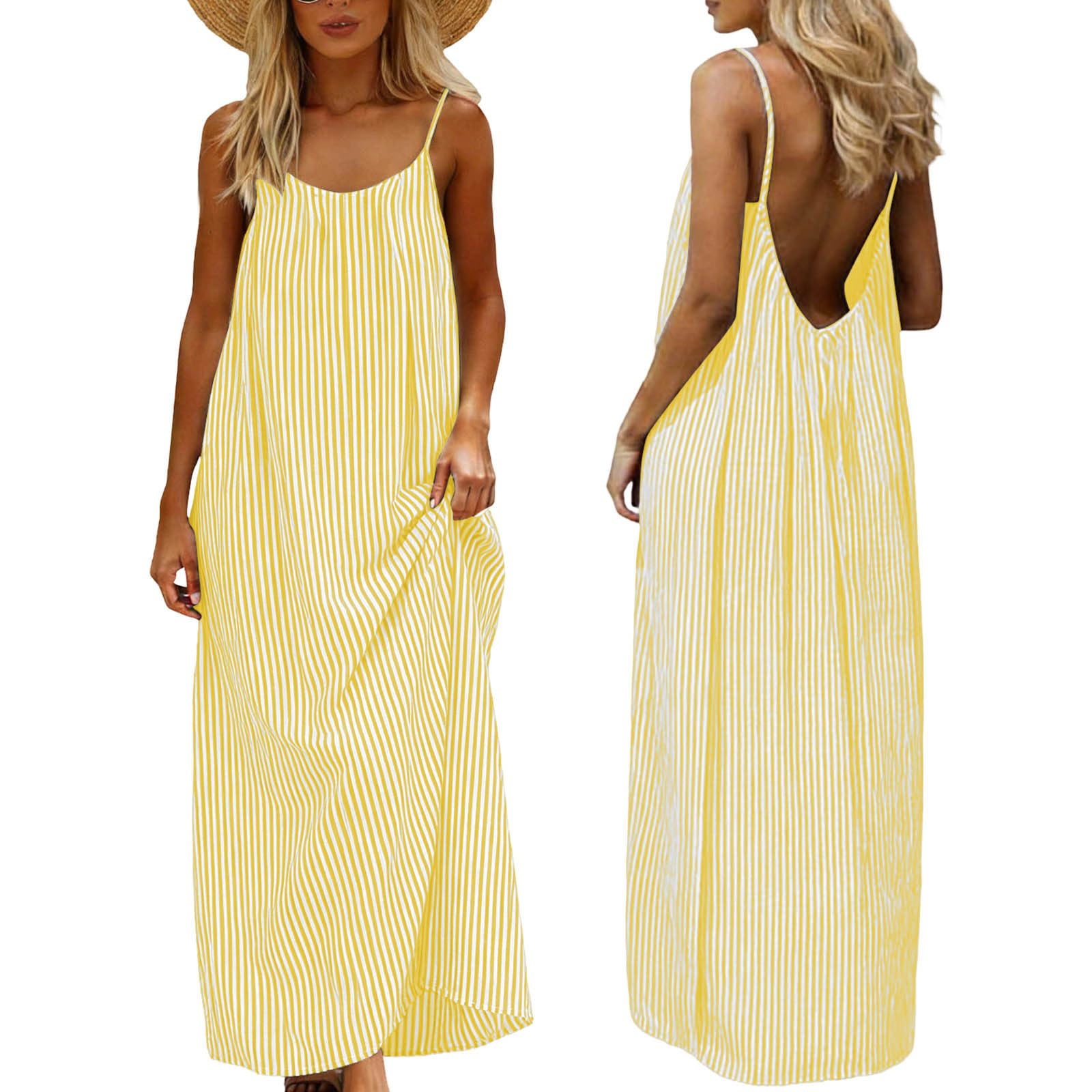 Backless Cami Dresses for Women UK Linen Beach Coverups Maxi Dress Summer Holiday Coord Outfit Tartan Print Sarongs Plus Size Beachwear Clothes Spaghetti Straps Vest Yellow 1 XXL