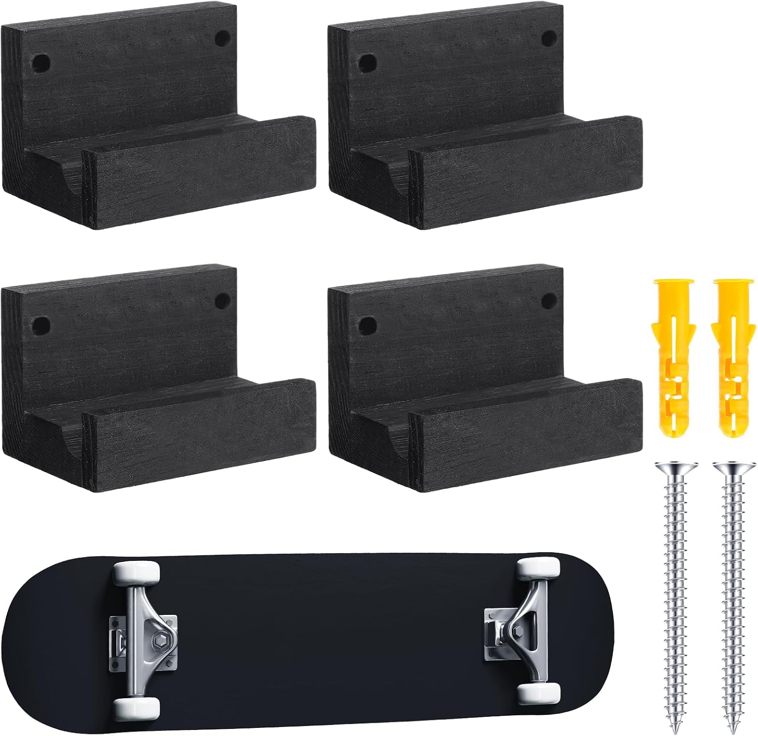 Briwooody 4 Pcs Wooden Wall Mounted Skateboard Rack Horizontal Snowboard Storage Longboard Deck Display Hanger Cruiser Board Holder Surf Skateboard Stand Skateboard Shelf for Garage Store