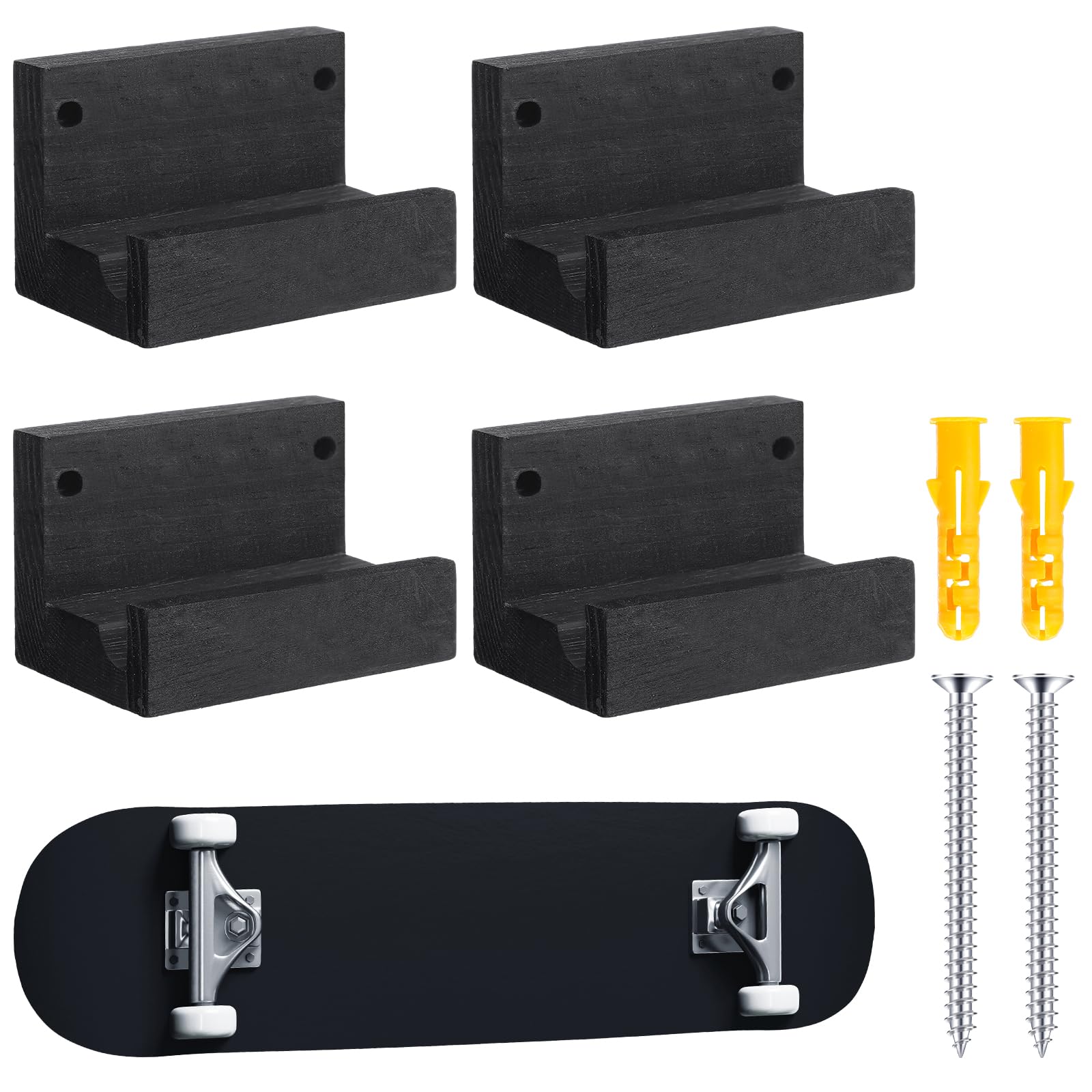 Briwooody 4 Pcs Wooden Wall Mounted Skateboard Rack Horizontal Snowboard Storage Longboard Deck Display Hanger Cruiser Board Holder Surf Skateboard