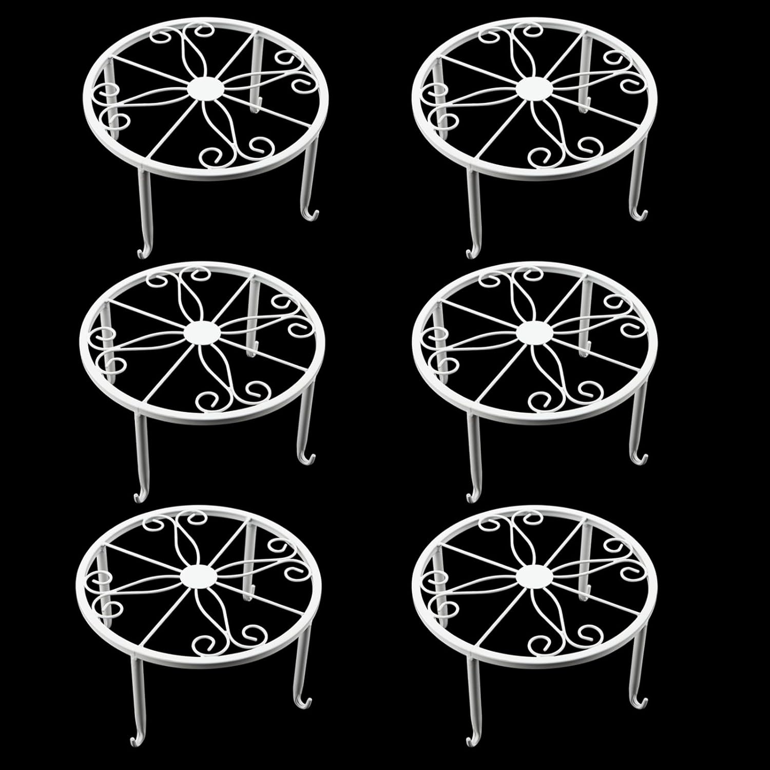 6 Pack 9.45 x 5.12 Inch White Metal Plant Stands for Flower Pots, Retro Style Heavy Duty Potted Holder, Indoor Outdoor Metal Rustproof Iron Garden Container Round Support Rack for Planter
