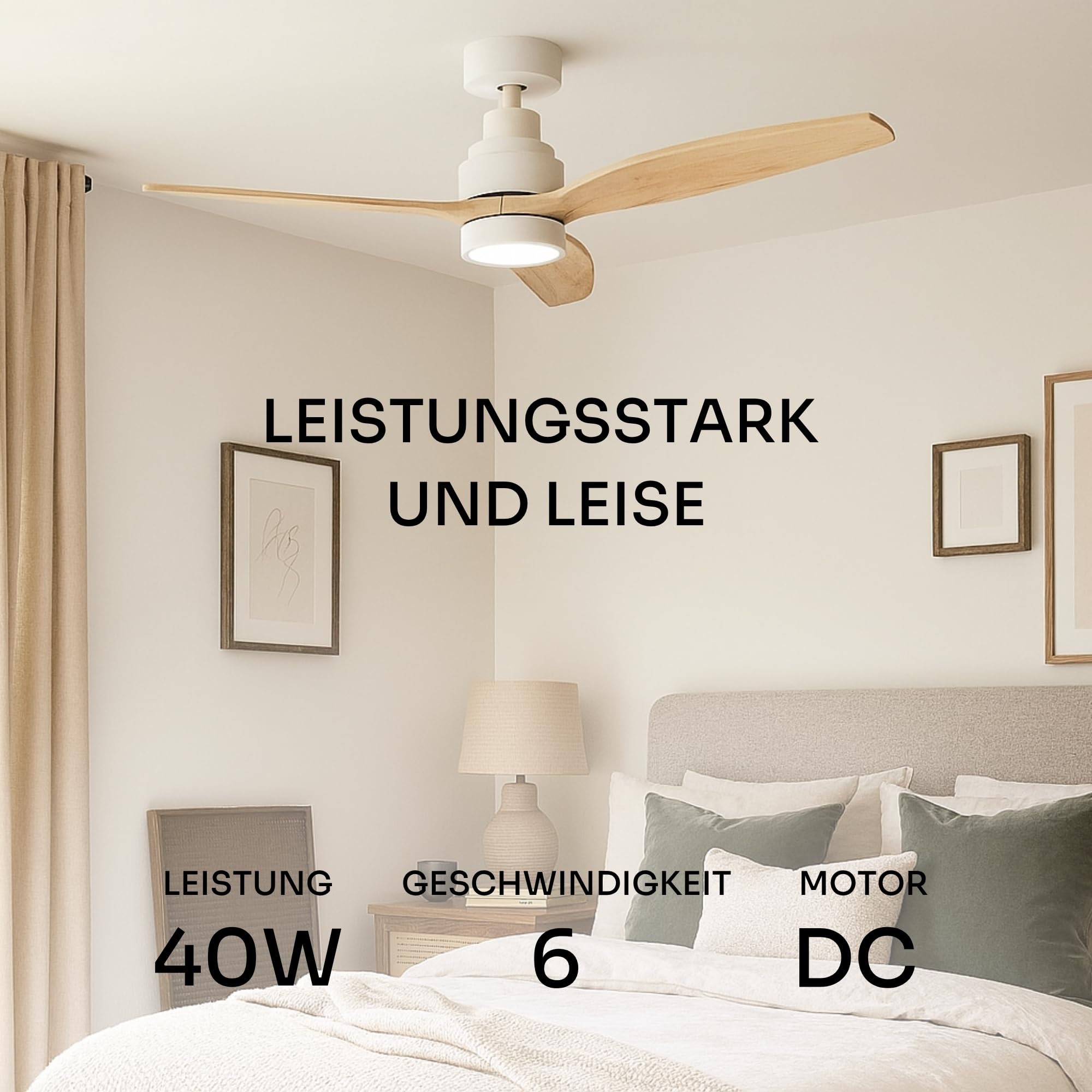 Mellerware - Deckenventilator mit Fernbedienung Brizy Bright | 45 W | 6 Geschwindigkeiten | Ultra leise | 3 Flügel 132 Durchmesser | Sommer-Winter-Funktion | Timer | LED | Lightwood