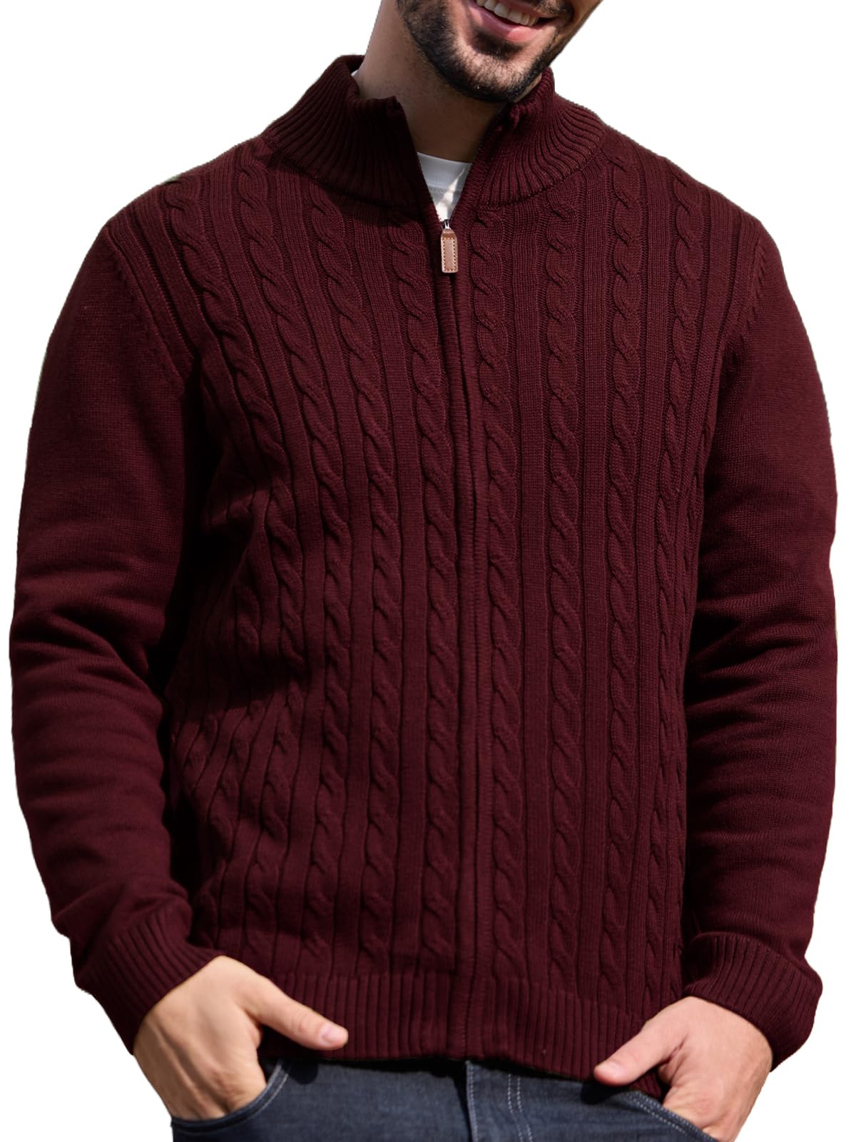 Les umes Herren Vollreißverschluss-Cardigan Zopfmuster Stehkragen Strickpullover Baumwoll Warmer lässiger Cardigans