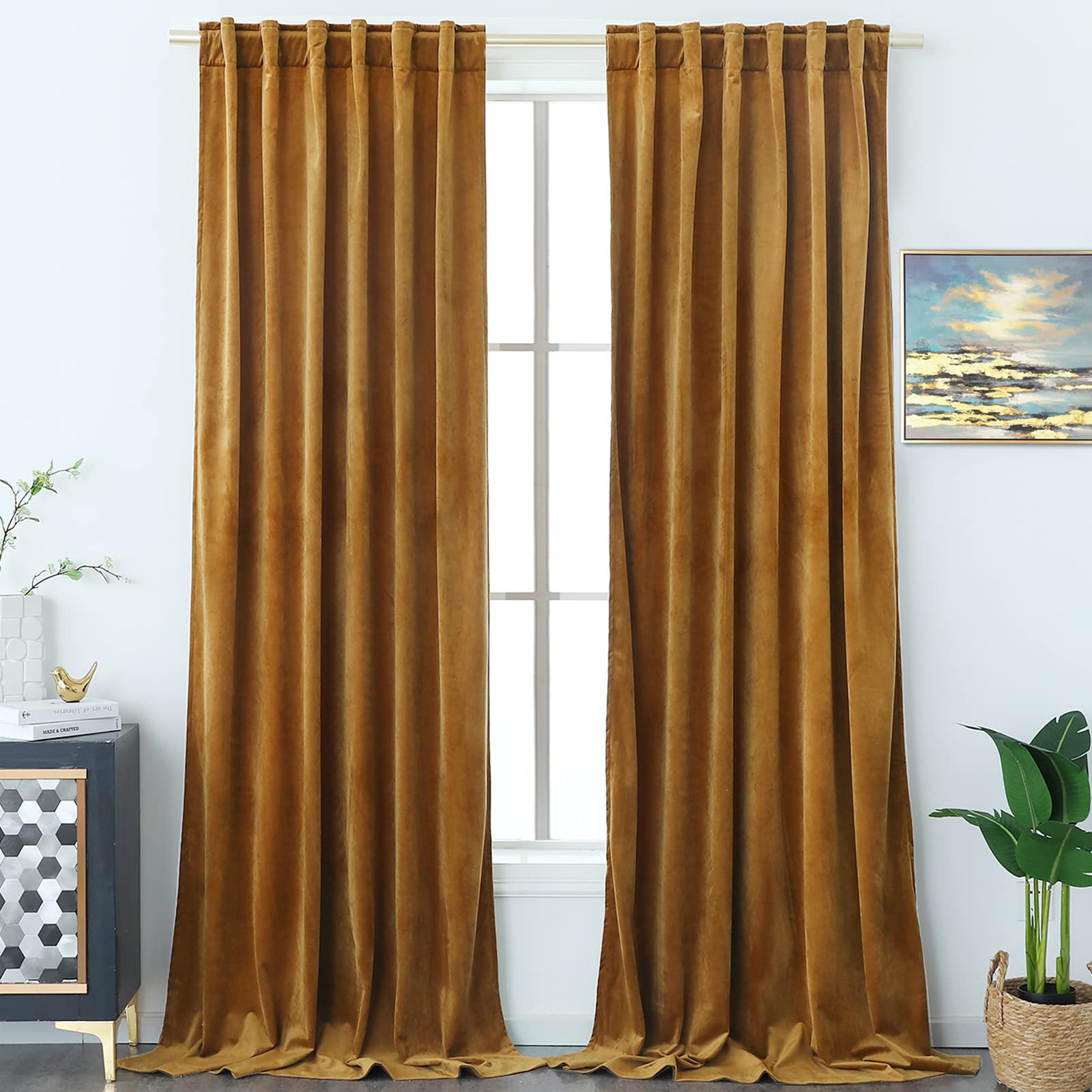 (Usado) Timeper Velvet Curtains 84 inches - Retro Heavy Gold Velvet Curtains Drapes with Rod Pocket Back Tab Design Light Blocking Home Decoration for French Door / Kids Room, Gold Brown, 52Wx 84L, 2 Panels