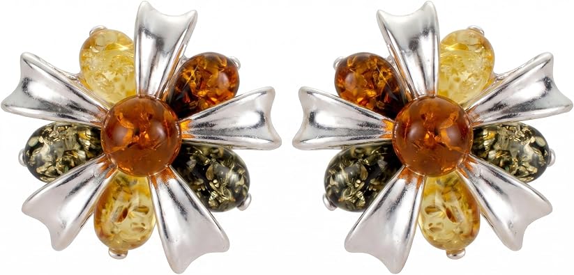 Amber Earrings - Baltic Multicolored Amber Dangling Earrings "Clemence", Hypoallergenic Earrings - Sterling Silver Jewelry Collection