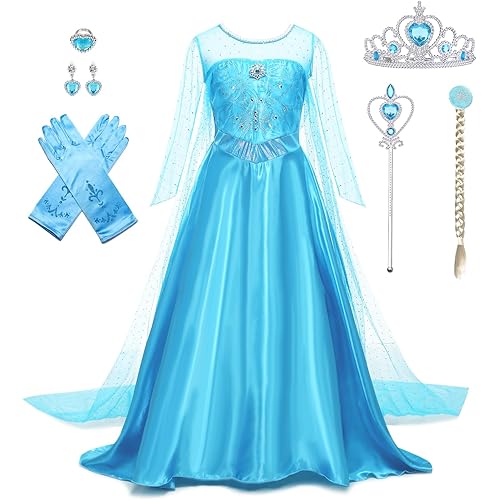 Elsa Dress for Girls Princess Dress Up Halloween Cosplay Elsa Costume Fancy Dress Birthday Outfit with Accessories