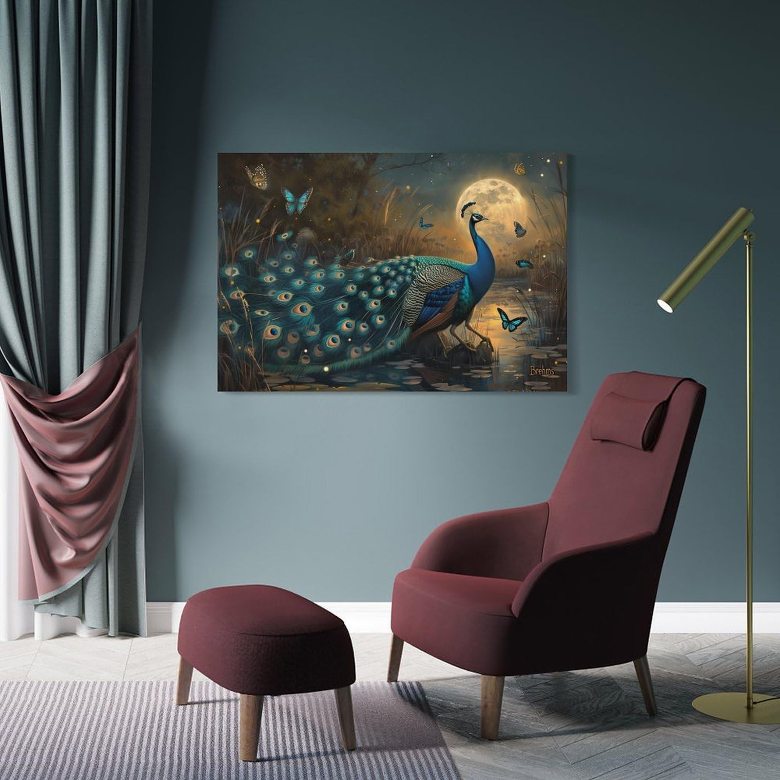 Junmoney Frame-Style Wall Picture Print Peacock With Full Moon, 20X30inch(50X75cm), For Entrance Walls, Hall Decor Or Foyers, Home Artwork For First Impressions
