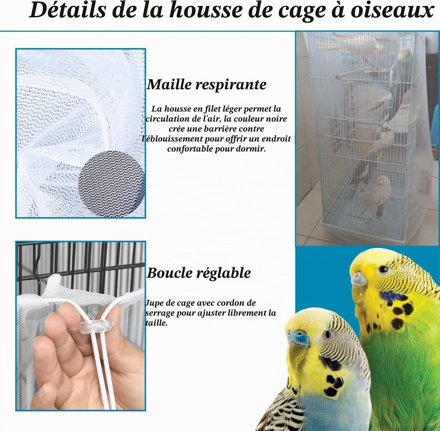 ASOCEA Extra Large Cage À Oiseaux Graines De Recueil De Graines Jupe Garde Couverture de Cage à Oiseaux Filet de Perroquet en Maille de Nylon pour Cages Rondes et Carrées (Blanc, 118*31.5in/300*80cm)