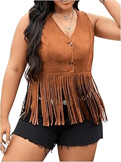 Women's Plus Size Fringe Trim Hem Jacket Sleeveless V Neck Button Front Vintage Jackets