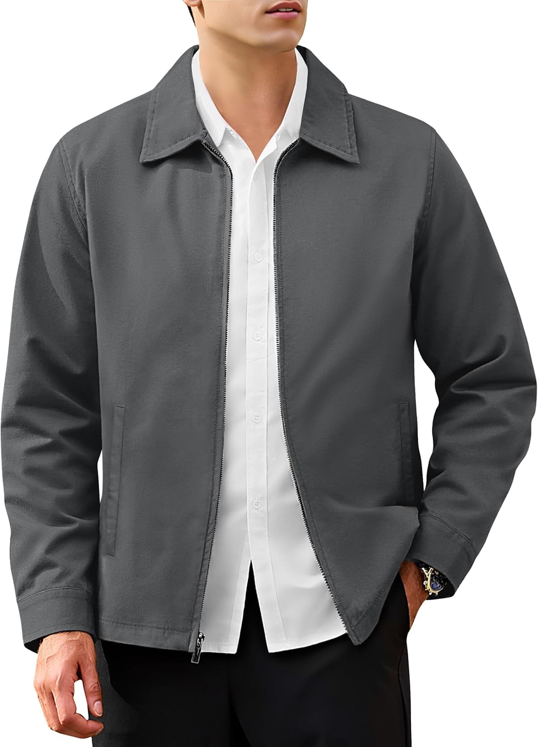 MAGNIVIT Men's Lightweight Jacket Windbreaker Business Casual Coat Laydown Collar Zip Up Jacket with 3 Pockets