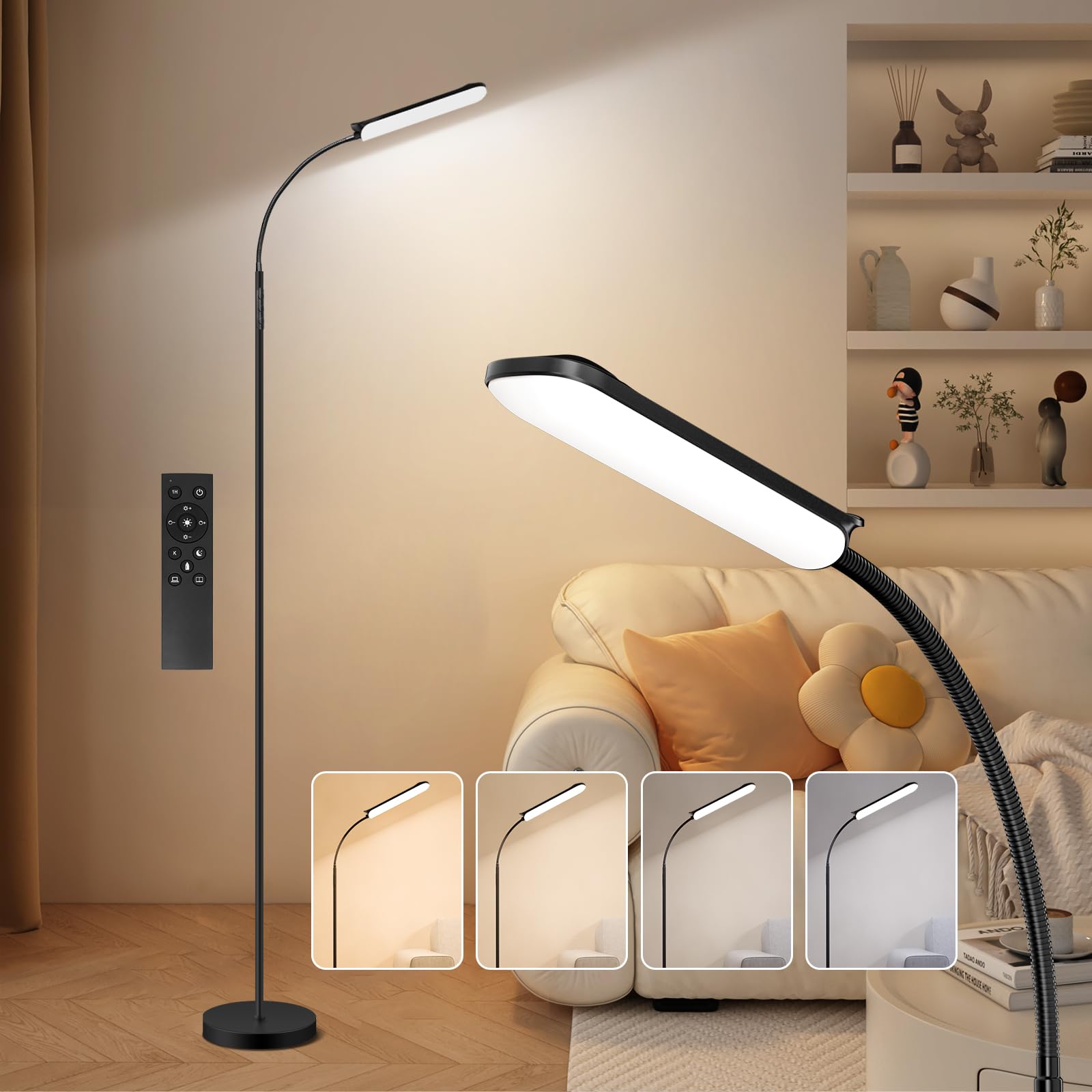 FRIDEKO HOME LED Floor Lamp 18W Dimmable Modern Reading Standing Lamp Flexible Gooseneck Lamps for Living Room Bedroom Office Sewing - Black
