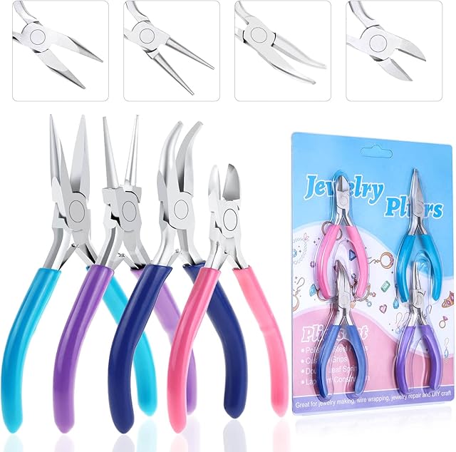 Jewelry Pliers, Shynek 4pcs Jewelry Making Tools Kit with Needle Nose Pliers/Chain Nose Pliers, Round Nose Pliers, Wire Cutters and Bent Nose Pliers for Crafts, Wire Wrapping, Jewelry Making Supplies