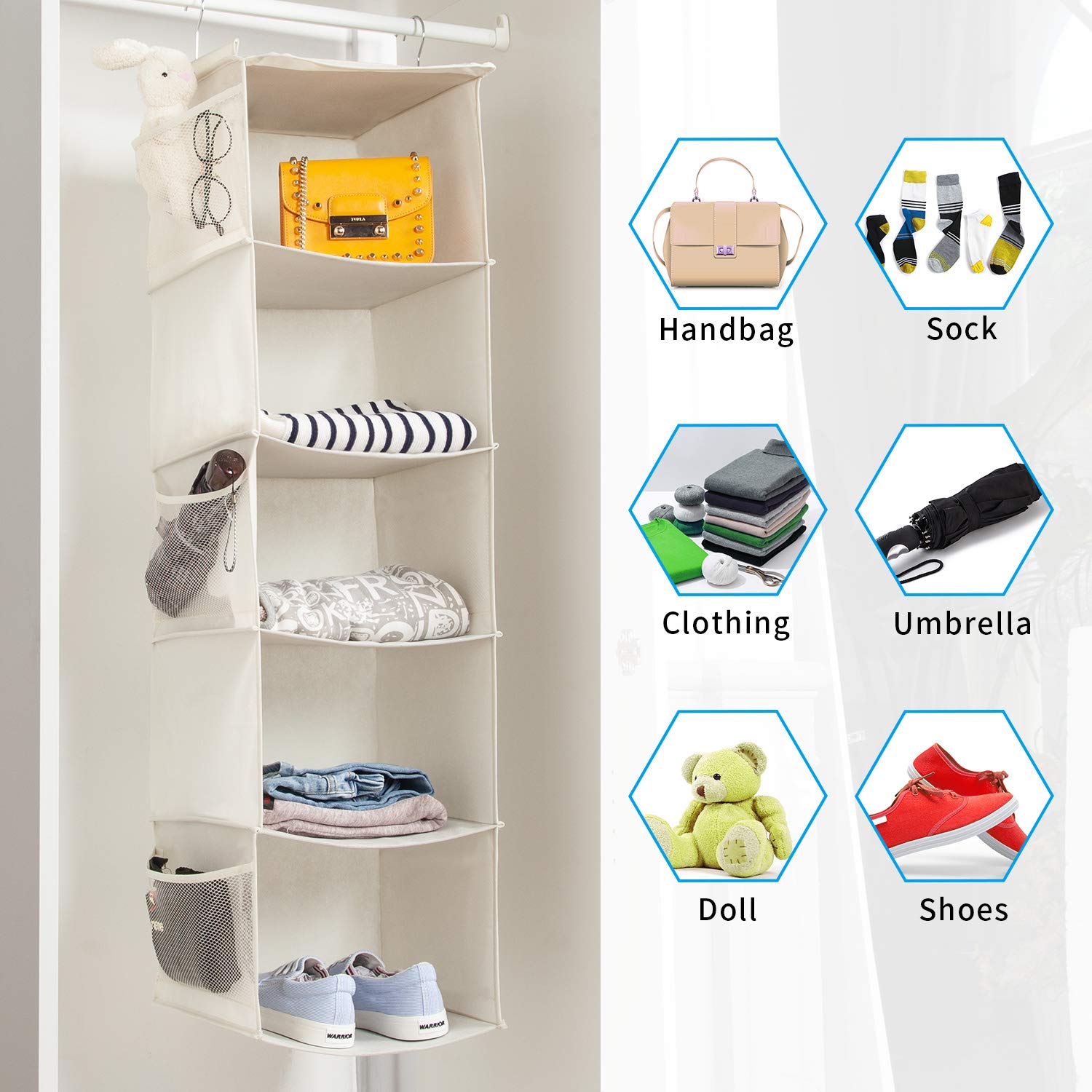 BrilliantJo Set di 2 Organizer Armadio, Portattuto da Appendere con 5 Scomparti con 6 Tasche Laterali a Rete per Vestiti, con 2 Ganci Organizzatore Armadio da 30 x 30 x 108 cm, Beige