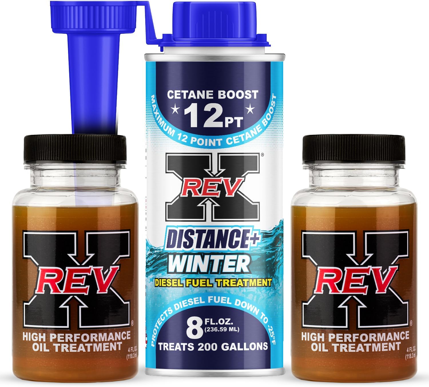 REV X Diesel Winter Kit - High-Performance Oil Additive - 4 fl. oz. (2 Pack) + Distance+ Winter Diesel Fuel Additive (8 fl. oz.)