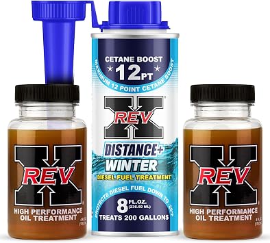 REV X Diesel Winter Kit - High-Performance Oil Additive - 4 fl. oz. 2 Pack + Distance+ Winter Diesel Fuel Additive 8 fl. oz.