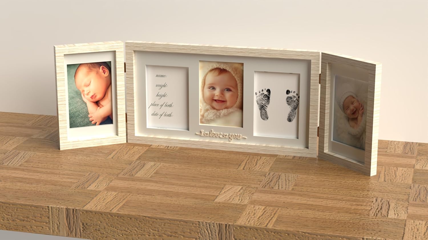 Baby Keepsake Photo Frame with Handprint and Footprint Kit Beige MDF Baby Memory Frame, Trifold Design with 5 Photo Display, Newborn Ink Print Kit