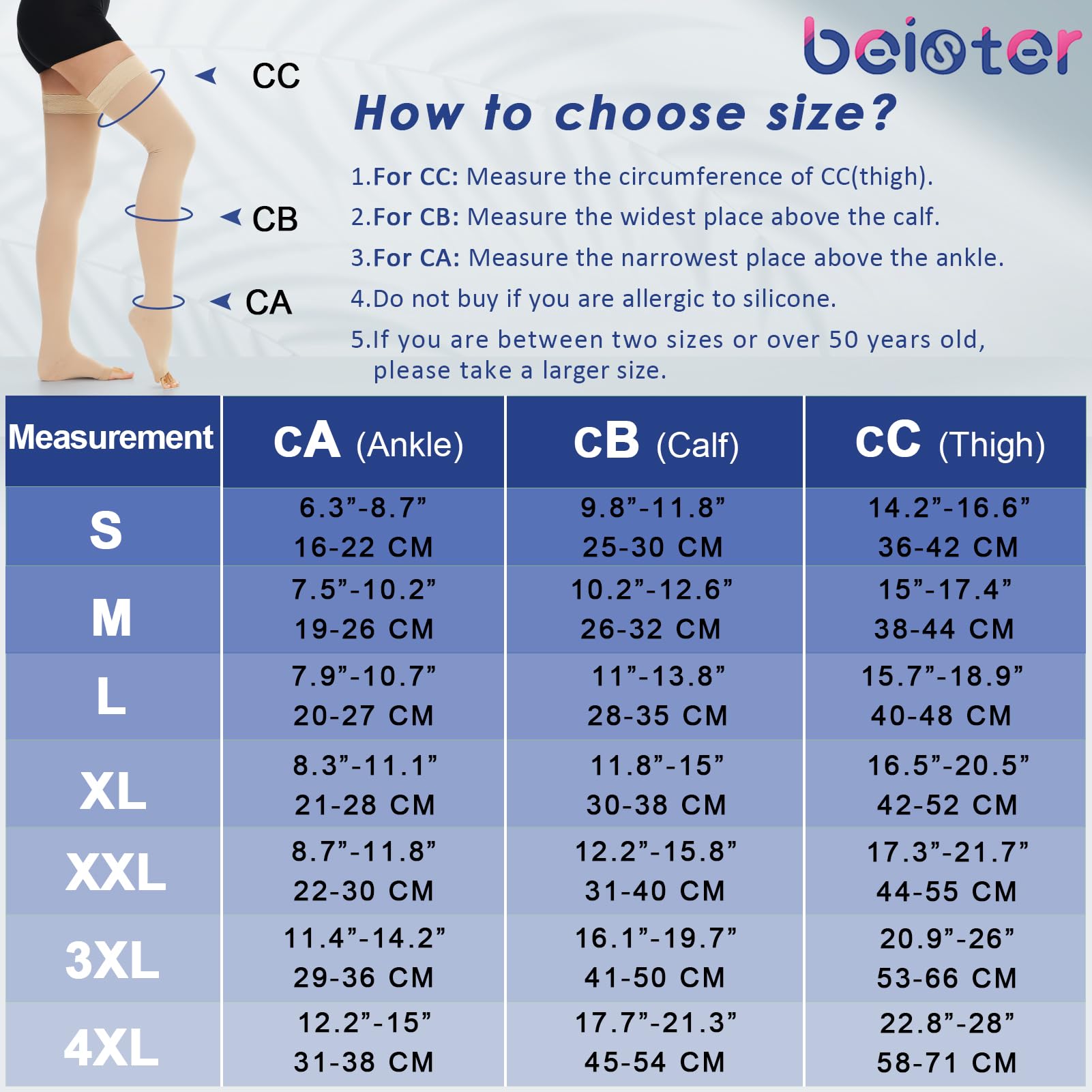 Beister - Medias de compresión médicas para hombre y mujer, 15-20 mmHg, con banda de silicona, clase 1, para varices, edema, DVT, vuelo