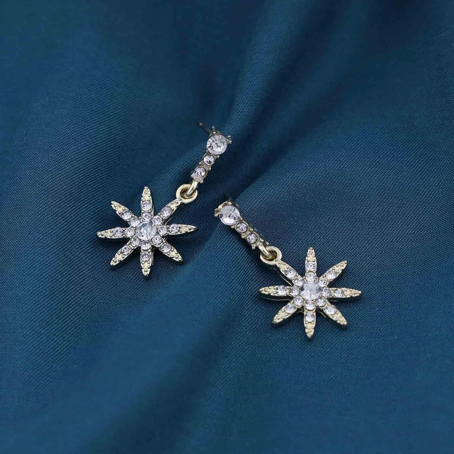 Vintage Crystal Starburst Dangle Earrings Rhinestone Flower Drop Earrings Sparkly Crystal Starburst Earrings Gold Cz Star Stud Earrings for Women - Image 6