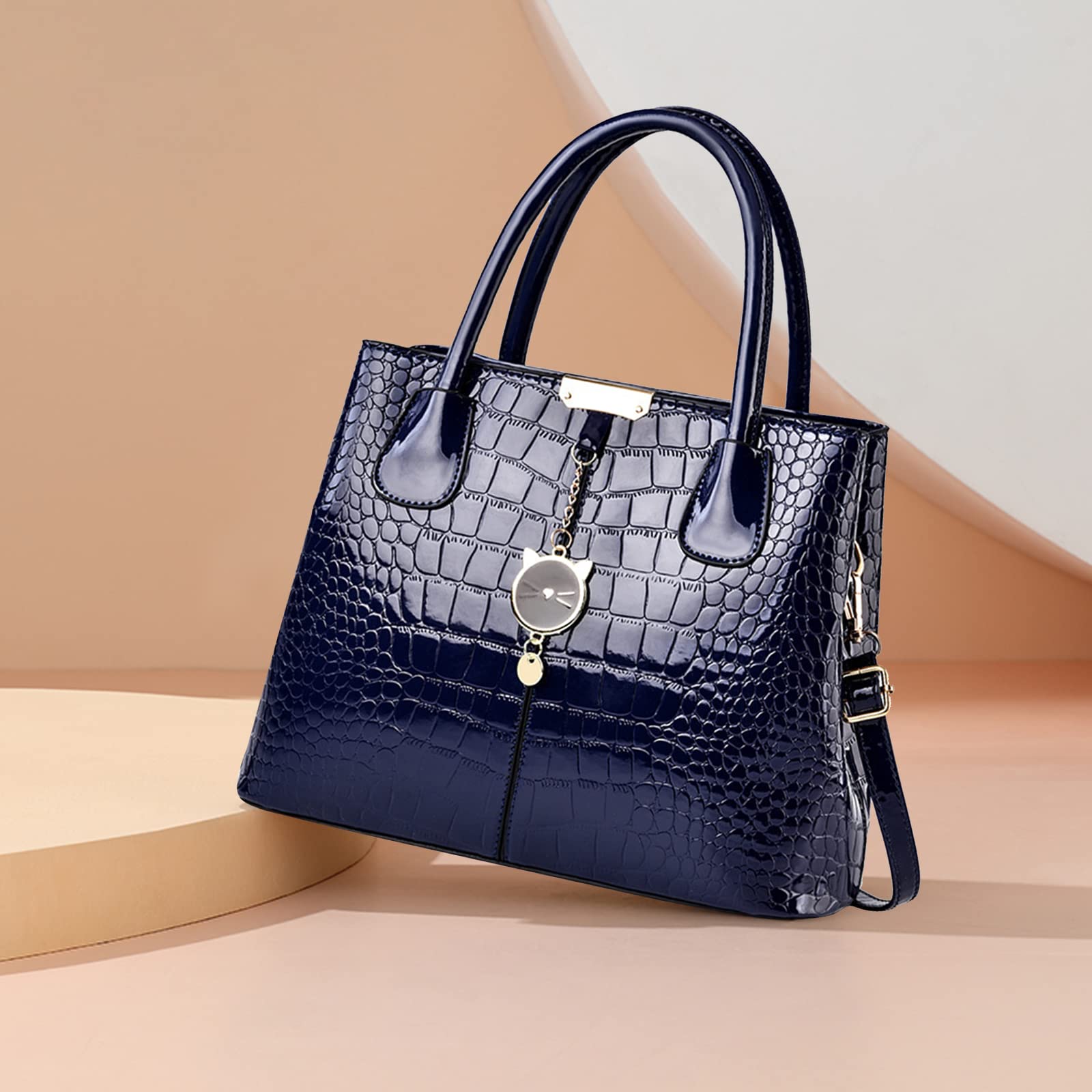 NICOLE & DORIS Borse a Mano e a Spalla Borsa Donna Eleganti Borsetta Lavoro Donna Borsa in Pelle Verniciata Borsa a Tracolla Crossbody Borsa a Tote Mano con Ciondolo Blu Navy