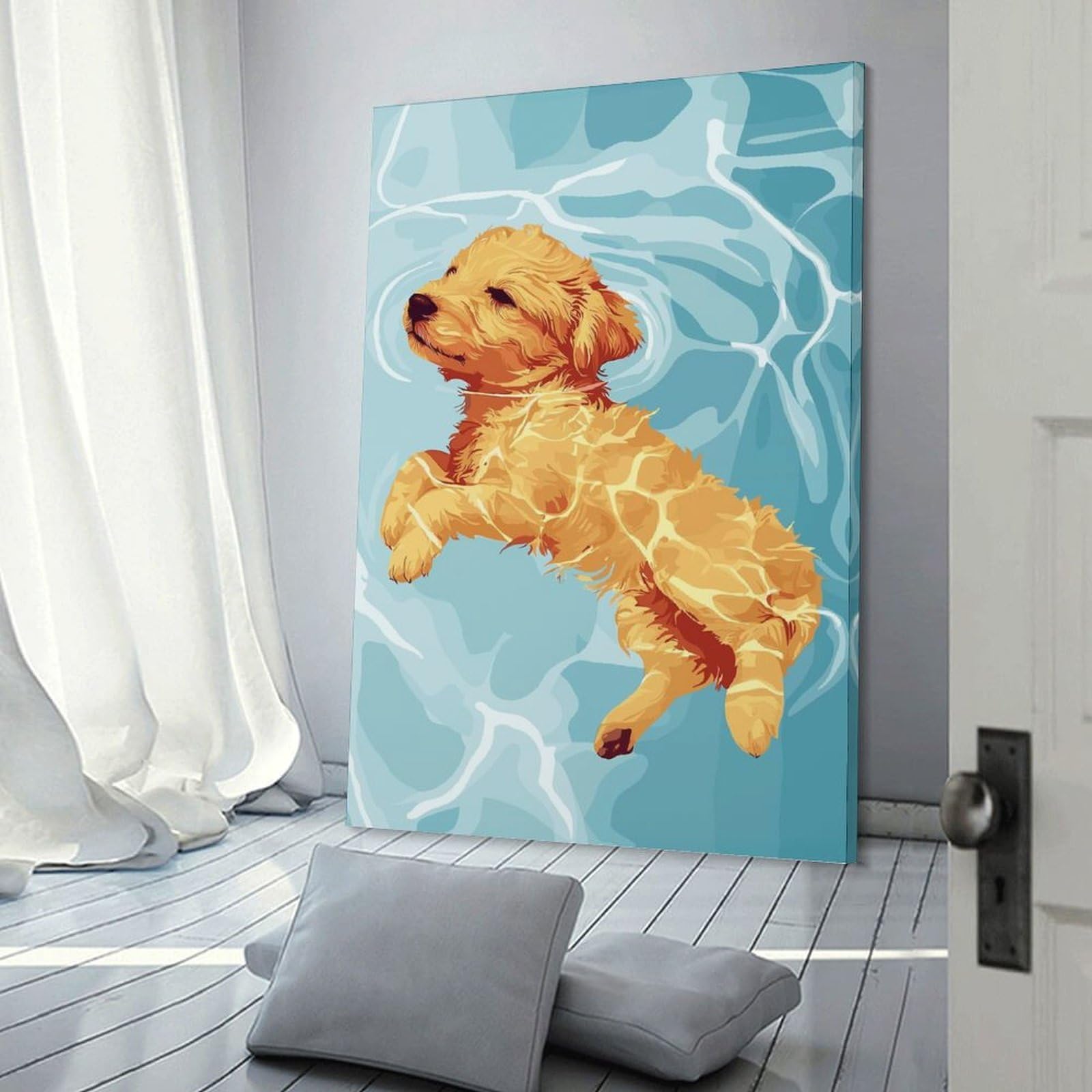 Junmoney Golden Retriever Puppy Swimming Canvas Art Print, 24x36inch(60x90cm), for Hallway, Bedroom Or Modern Interiors, A Wall Art Gift for Fresh Interiors