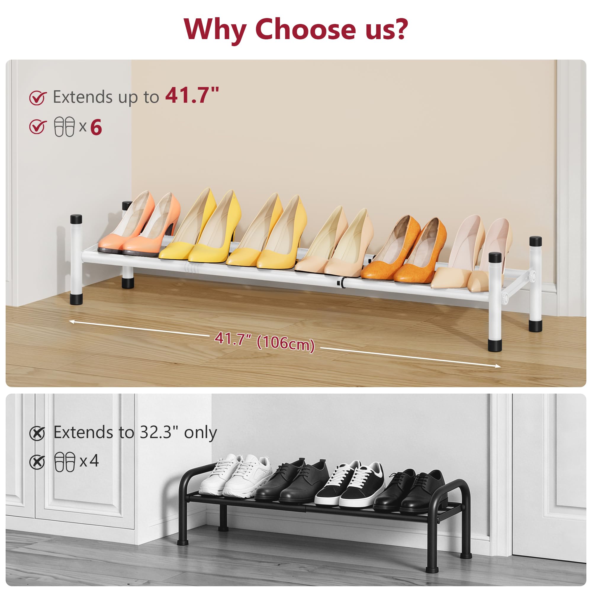 Tajsoon Regał na buty z możliwością rozszerzenia do szafy, 1 poziom, 71-104 cm, regulowany i układany w stos, metalowy organizer na buty do drzwi wejściowych, szafy, garażu, wejścia, biały