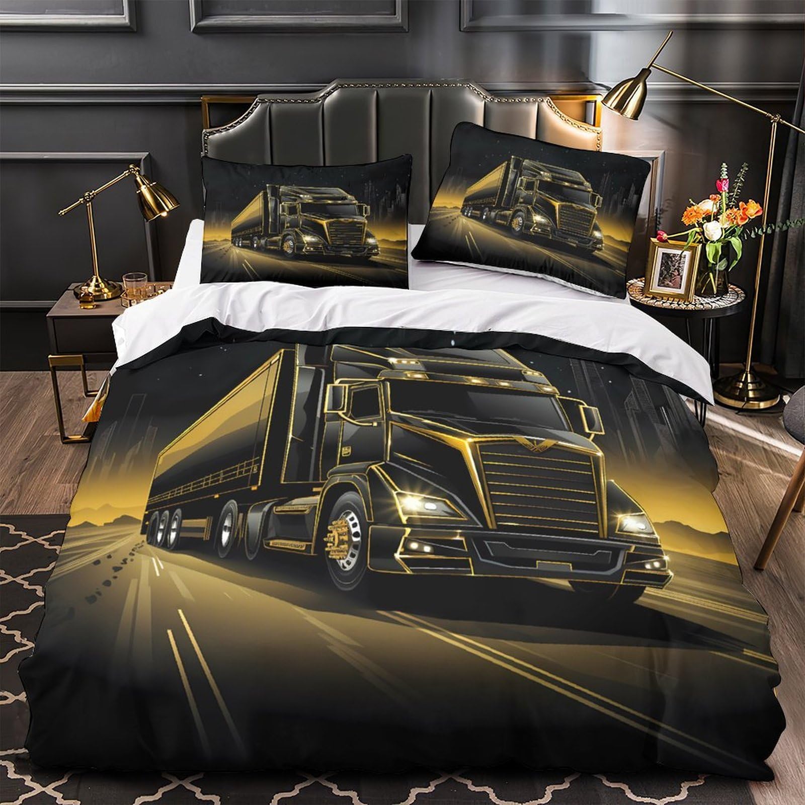 Housse de couette 3D camion douce hypoallergique 135x200 parure lit simple