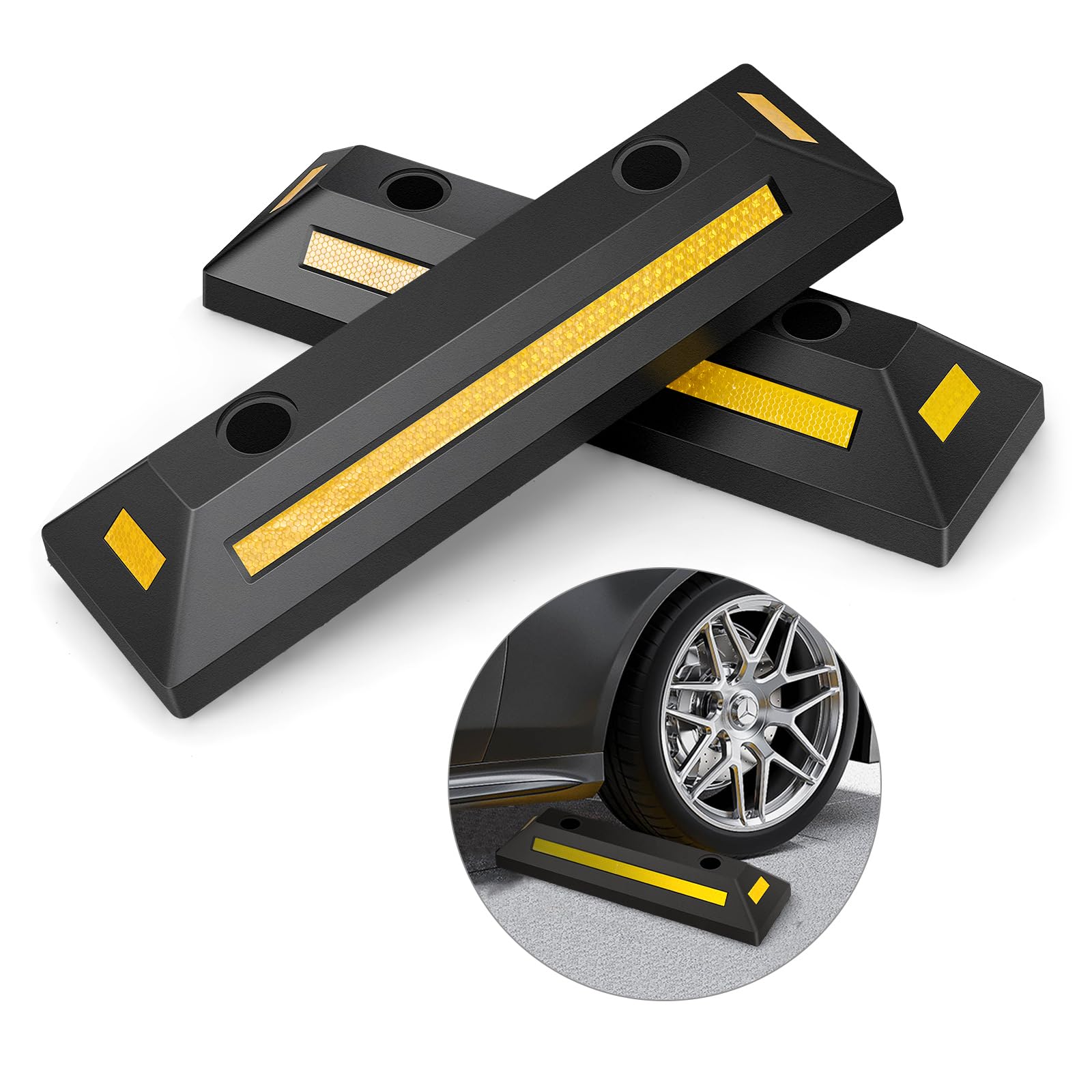 GOPLUS Lot de 2 Butées de Roue pour Stationnement De Véhicule, Caoutchouc Durable et Robuste, Bandes Réfléchissantes, Intérieur Extérieur, pour Pneus de Voiture, Camion, Camionnettes, pour Garage