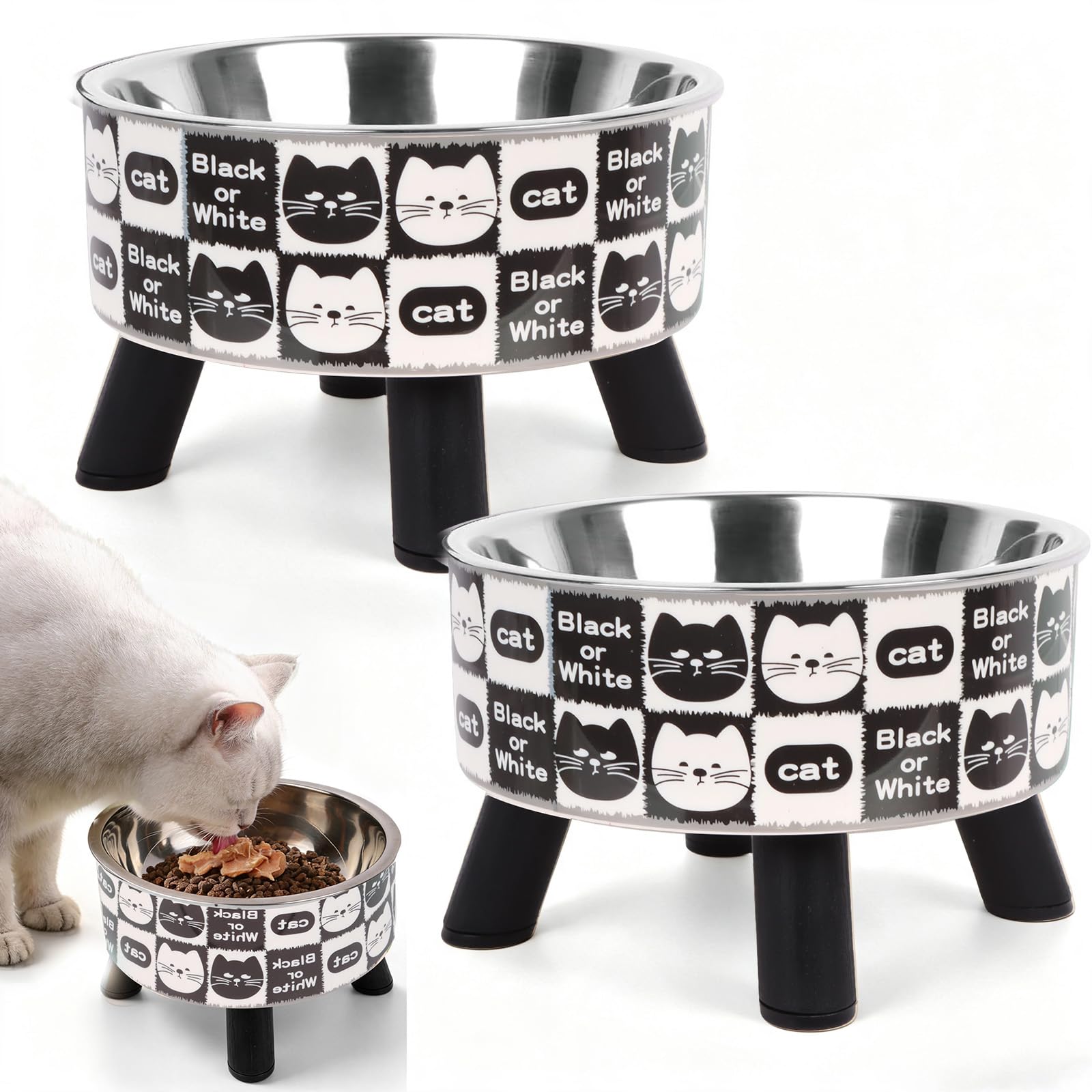 Guittly 2 Pack Raised Stainless Steel Cat Bowls, Elevated Cat Feeding Bowl with Non-slip Stand, Cute Food Water Bowls for Cats Kittens Pet Supplies Accessories (D)