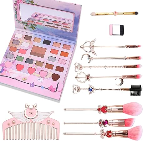 Amazon メークブラシ メイクブラシセット 美少女戦士風 10pcs 豪華セット 27色アイシャドウパレット付き くし付き 化粧筆 化粧ブラシ アニメ コスメ小物 可愛い 全顔対応 チークブラシ 携帯 セット 超柔らかい Kaze メイクアップセット 通販