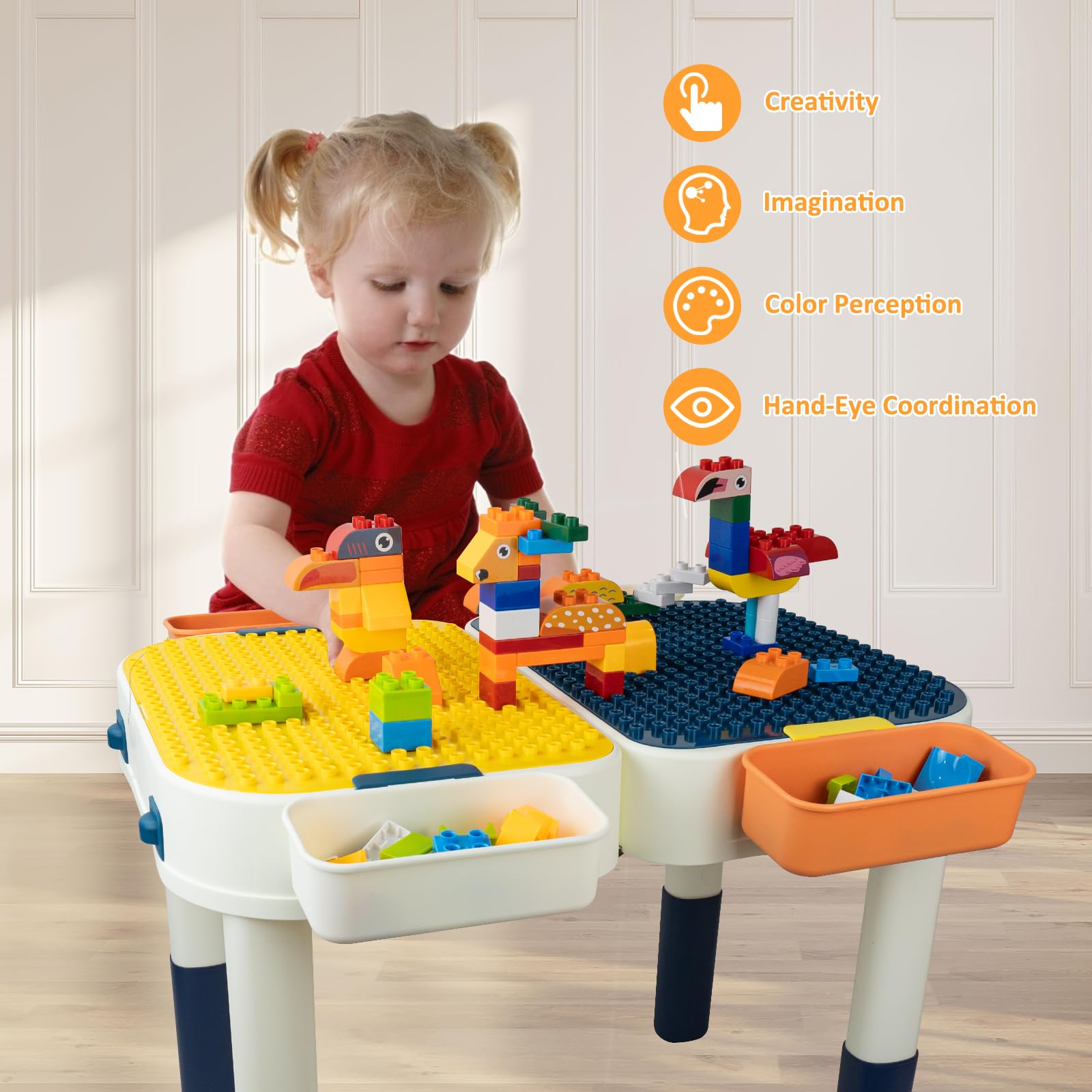 RedCrab Kindertisch Set Bausteintisch mit Aufbewahrung, Kinder Spieltisch Kompatibel mit Bausteinen Spielzeug, Multifunktionaler Aktivitätstisch - Umwandelbar in Gepäck mit Rollen