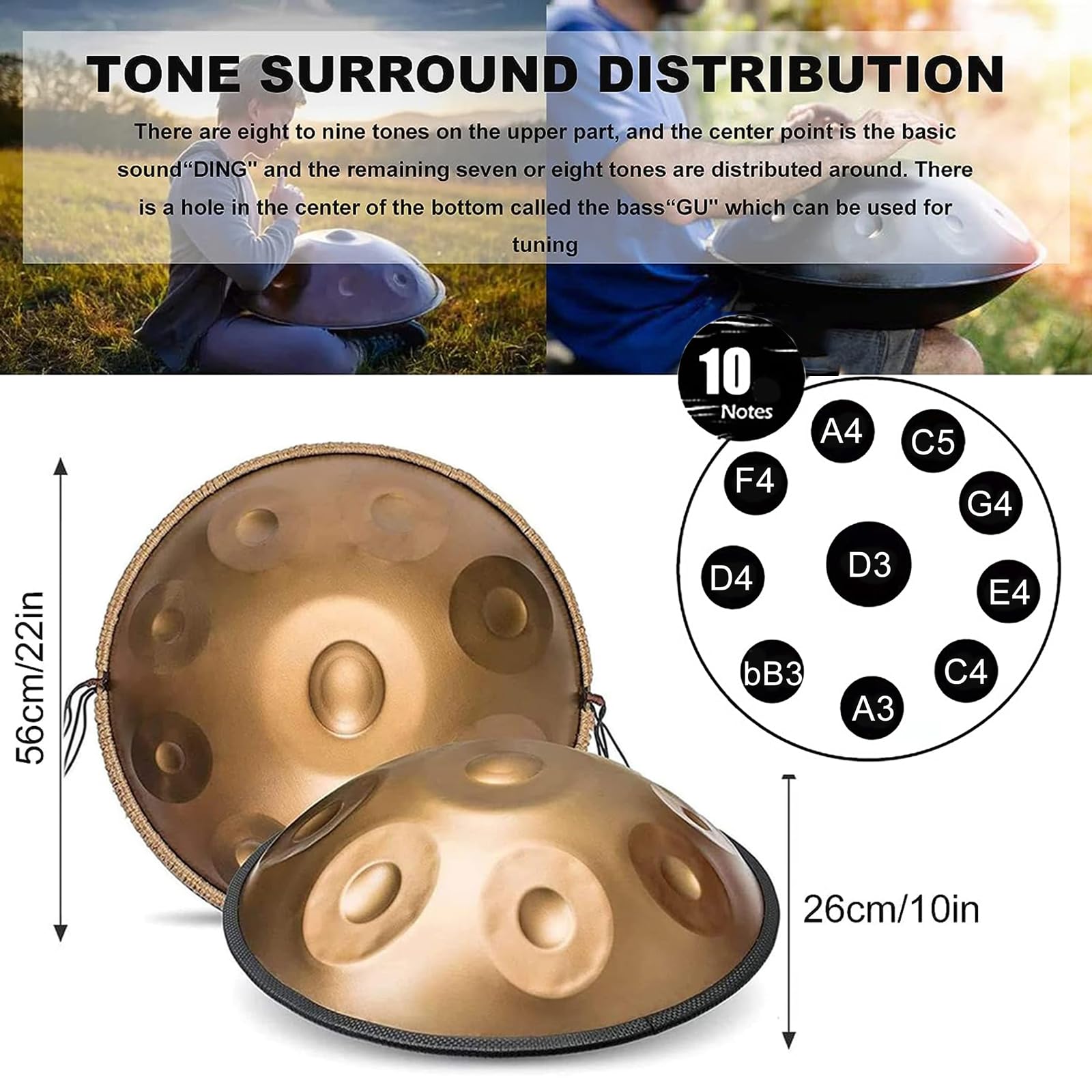 Handpan Drum Instrument 9/10 Notes, 22 Pouces en D Mineur - Tambour à Main en Acier Avec Sac Soft, 2 Maillets, Stand - Pour la Guérison Sonore, Méditation