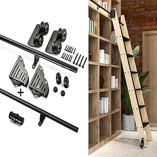 CCTC Sliding Barn Door Kit 3.3ft-13ft Sliding Ladder Library Full Set Hardware Rolling Track (No Ladder), Steel Round Tube Mobile Ladder Track for Home/Indoor/Loft, with Floor Roller Wheels