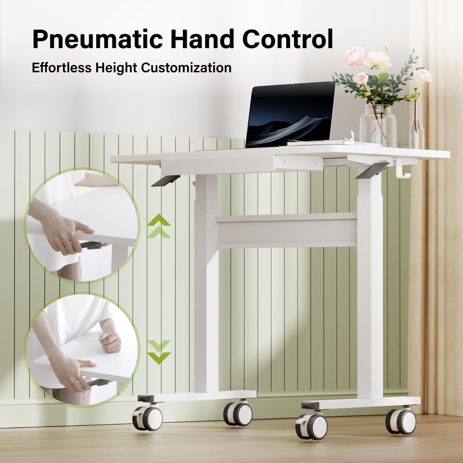 Bureau Debout réglable en Hauteur - Table de Travail Mobile avec roulettes et système pneumatique - Position Assise ou Debout - Bureau Domicile pour Ordinateur Portable - Blanc