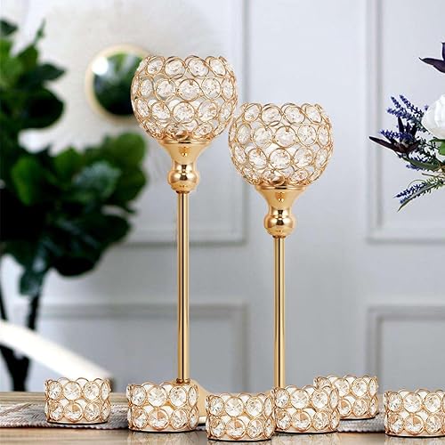 Miniatura 7 de Juego de 2 portavelas de cristal dorado para boda y 12 portavelas de luz de té dorado para decoración de mesa de cena, fiesta, centro de mesa para