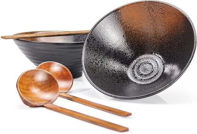 Pottery Ramen Bowls Set of 2 - Ideal for Noodle Salad Pasta Dinnerware Ceramic Japanese Bowl 2×1000 ml 34 Ounces Capacity with Chopsticks and Spoon Men and Women Gifts Ideas Porcelain - Jade Yellow